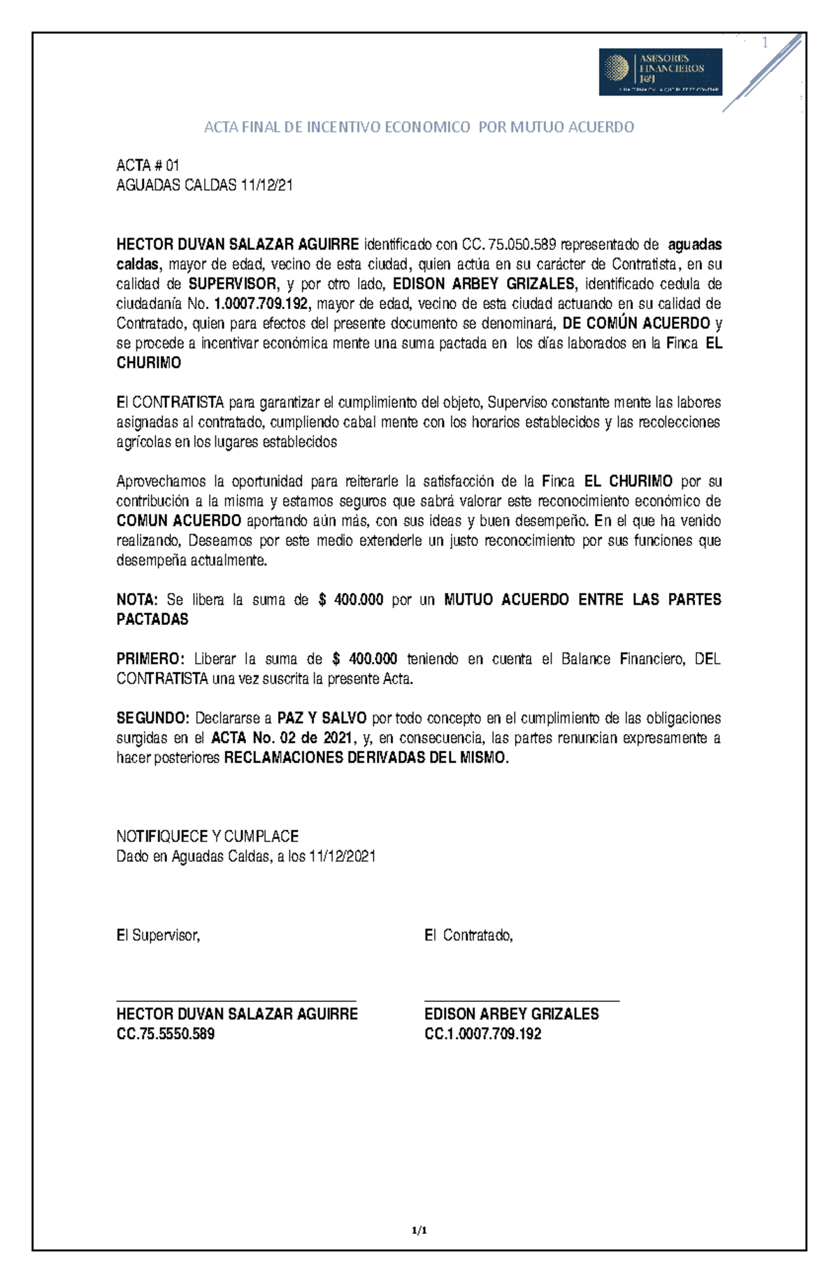 Acta de incentivo economico V 1 ACTA FINAL DE INCENTIVO ECONOMICO POR
