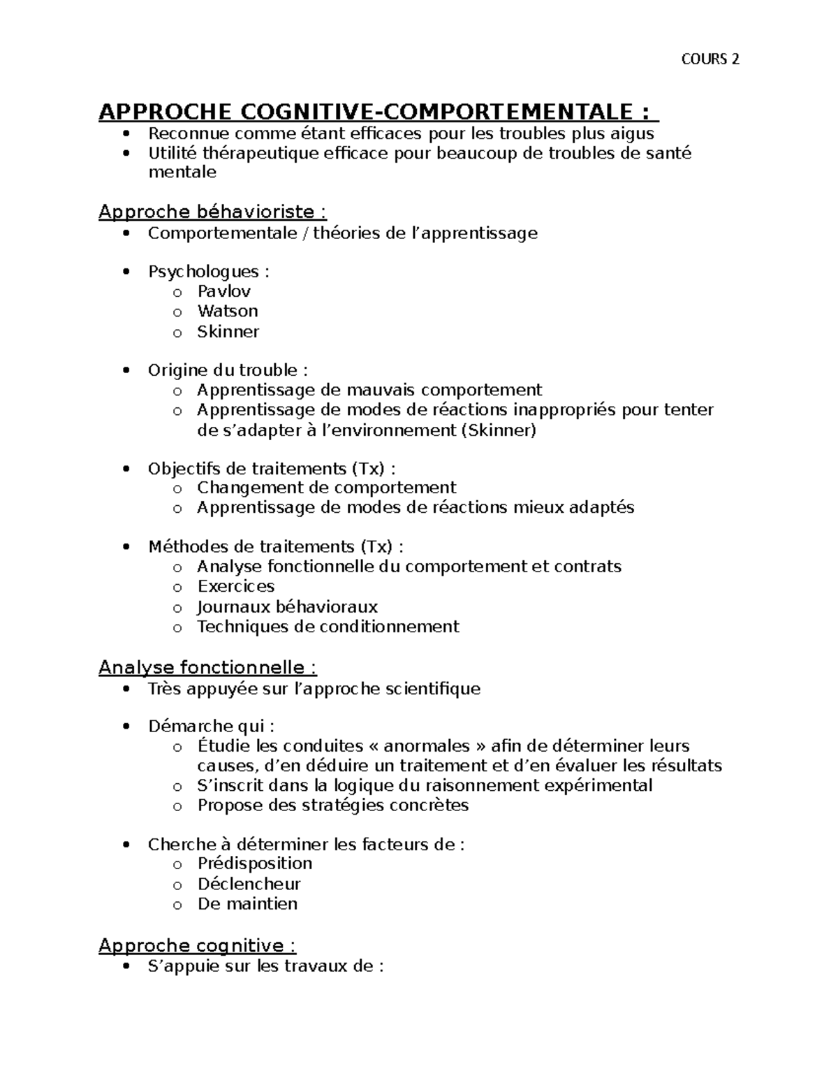 Approche Cognitives Comportementales - COURS 2 APPROCHE COGNITIVE ...