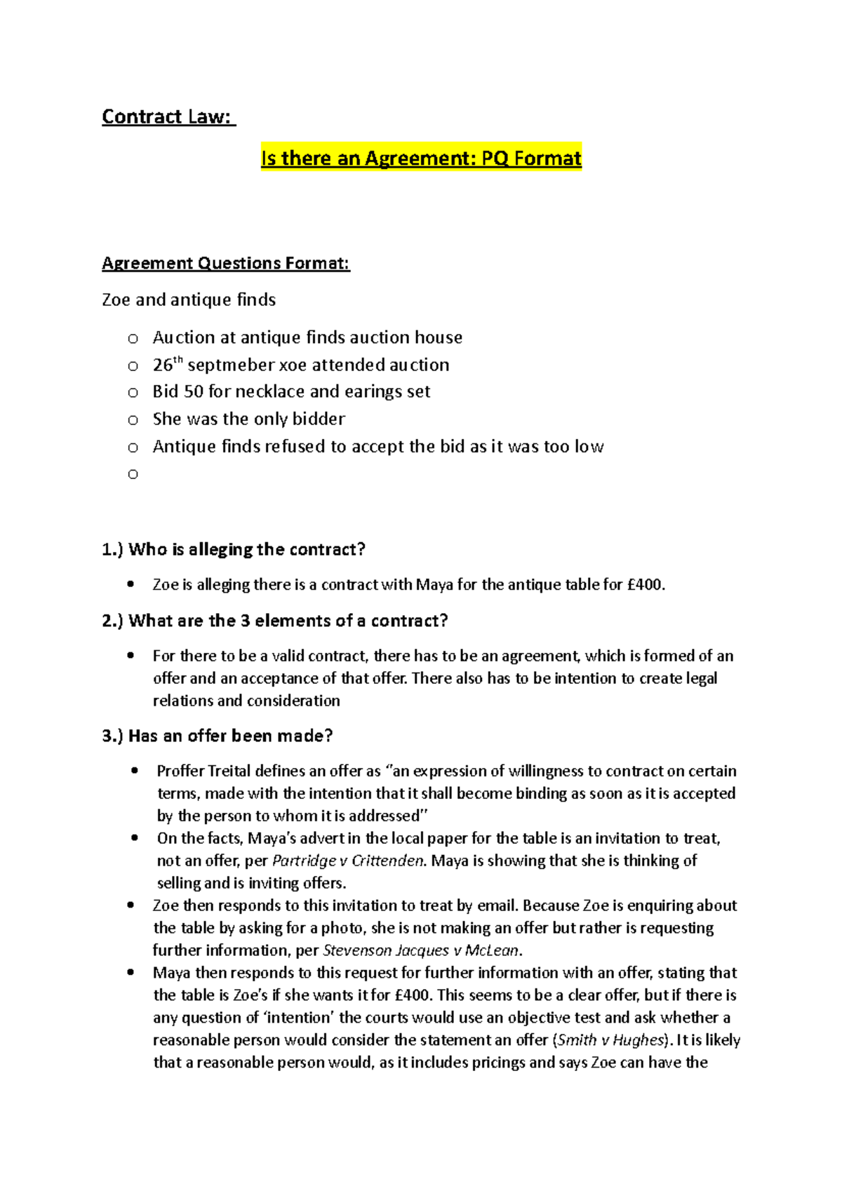 Is the an Agreement PQ Format - Contract Law: Is there an Agreement: PQ ...