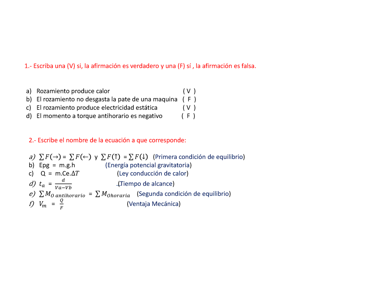 Examen Fisica Y Quimica Escriba Una V Si La Afirmaci N Es Verdadero Y Una F S