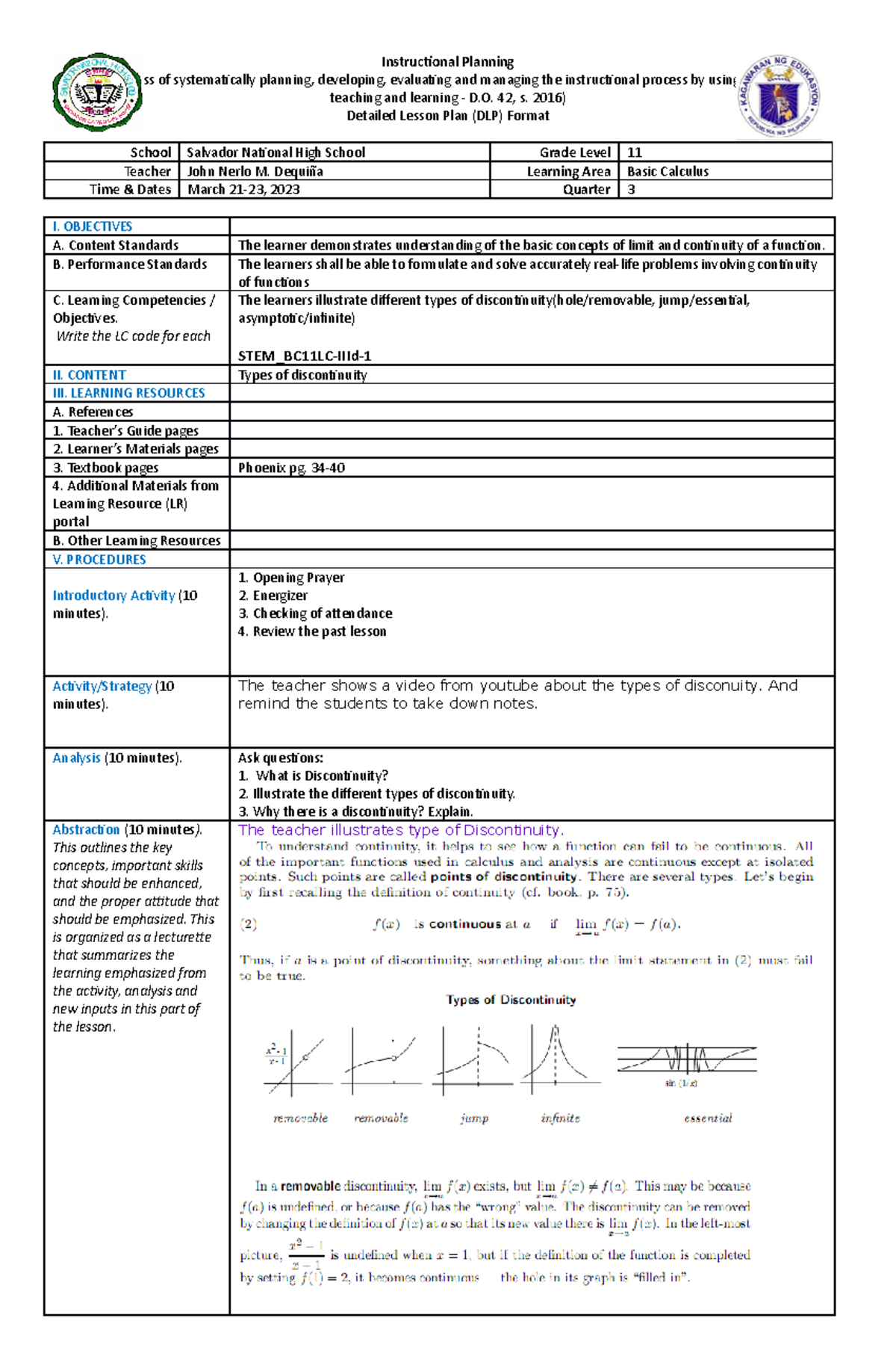STEM BC11LC-IIId-1 - lesson plan in math - Instructional Planning (The ...
