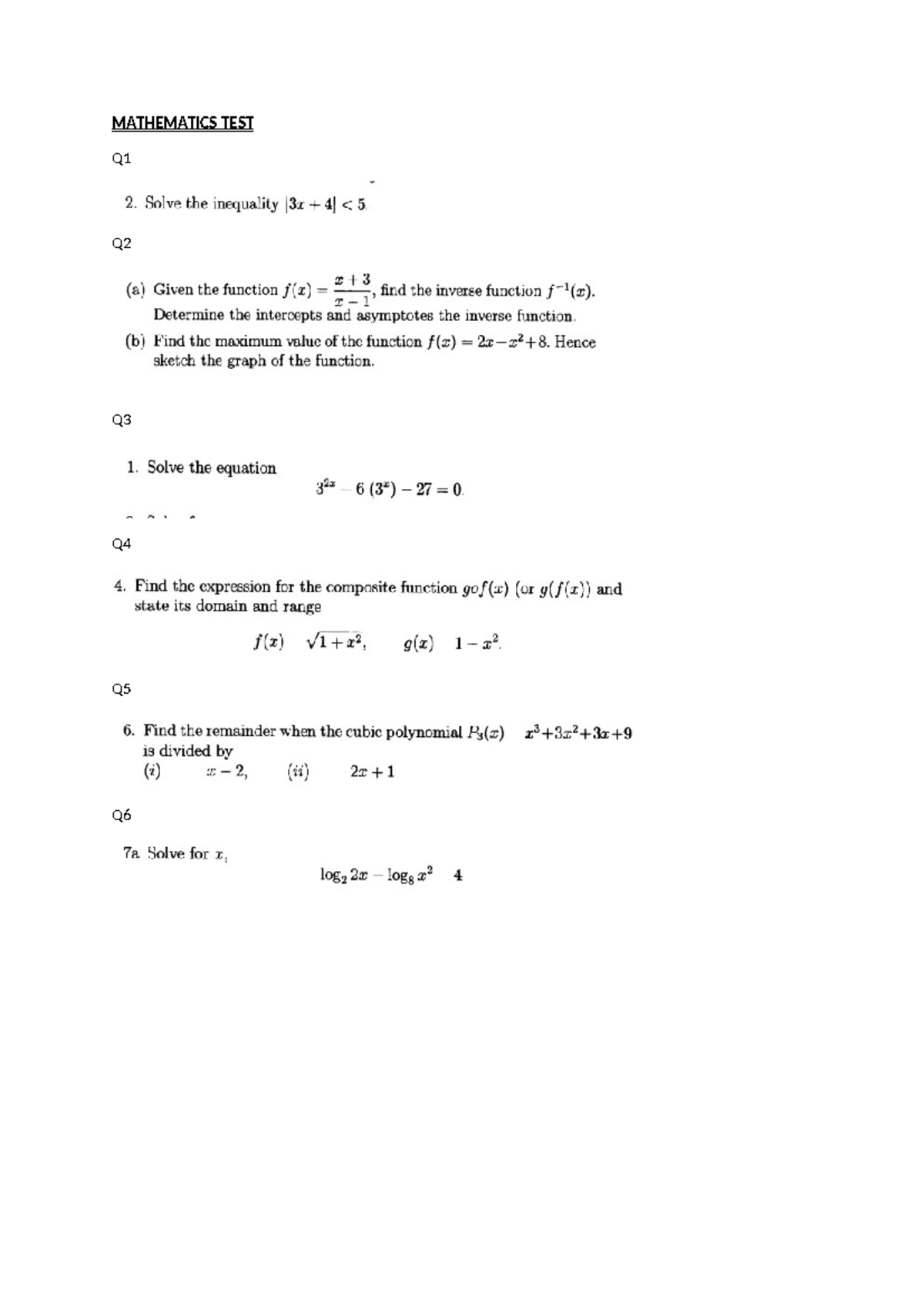 Mathematics TEST A - Practice questions - MATHEMATICS TEST Q1 2. Solve ...