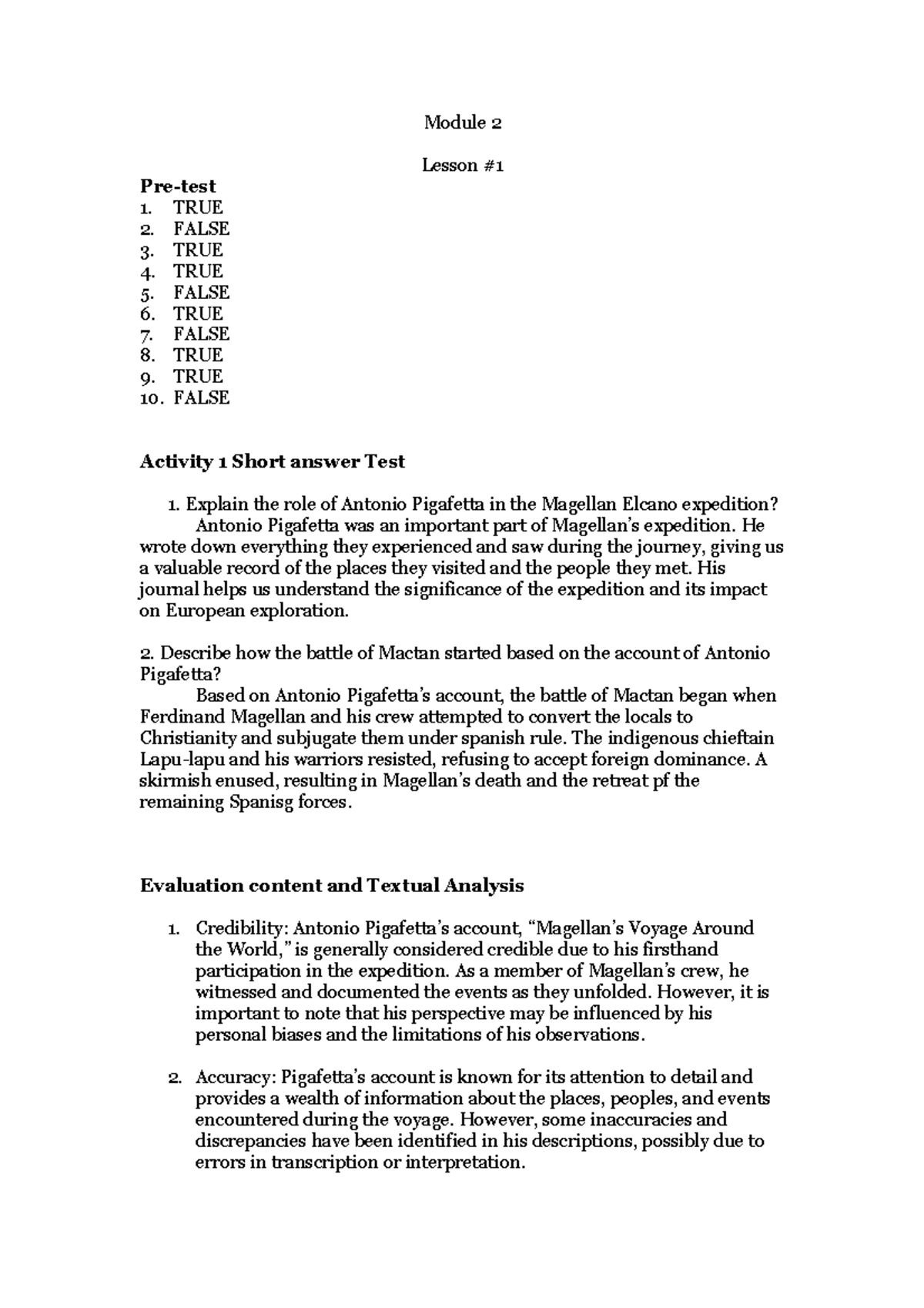 Module 2 - answer sheet - Module 2 Lesson # Pre-test TRUE FALSE TRUE ...