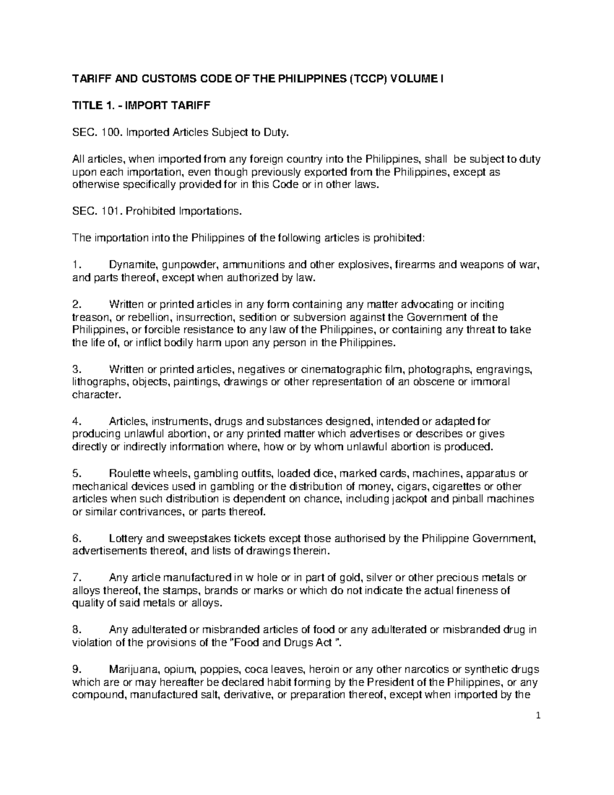 TCCPvol1 Tariff codes TARIFF AND CUSTOMS CODE OF THE PHILIPPINES (TCCP) VOLUME I TITLE 1