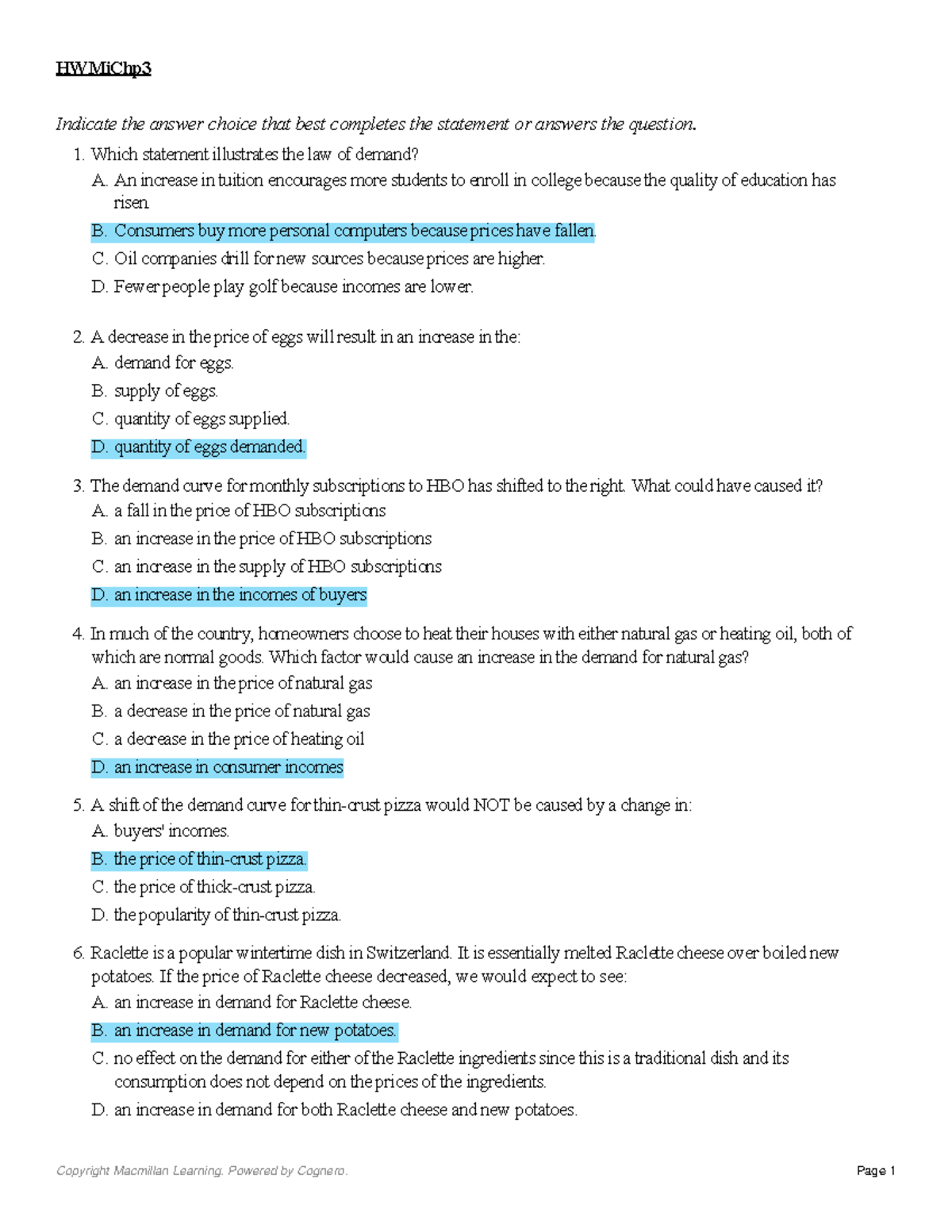 cengage microeconomics chapter 3 homework answers