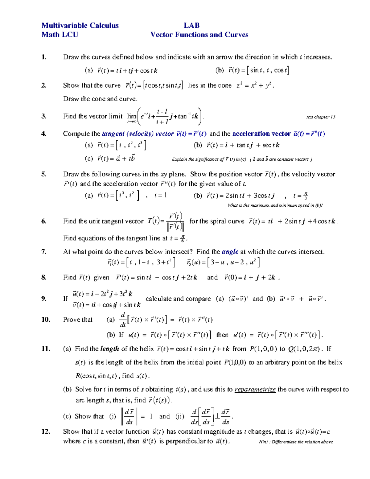 LCU Lab 5 Curves v2 - material - Multivariable Calculus LAB Math LCU ...