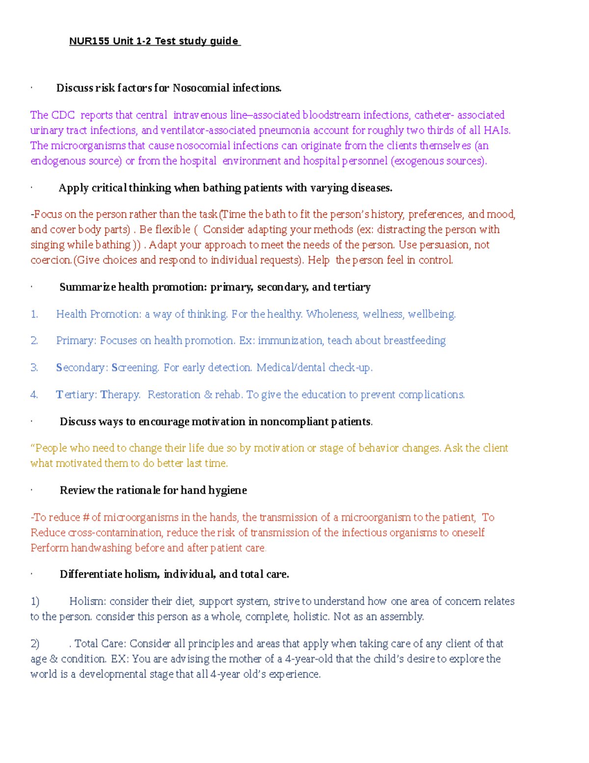 Nur 155 study guide 2 - NUR155 Unit 1-2 Test study guide · Discuss risk ...