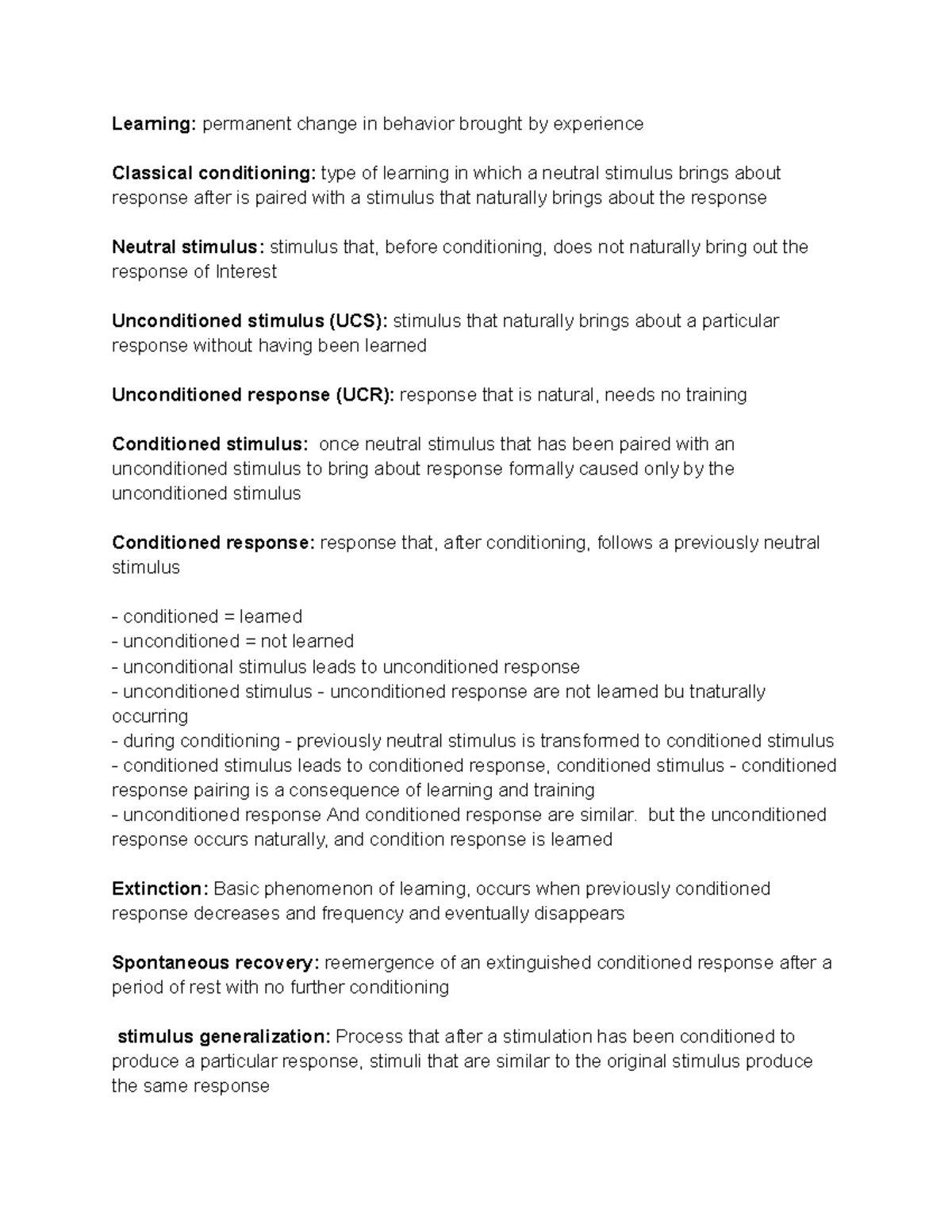 Psych Chapter 5 Notes - Learning: permanent change in behavior brought ...
