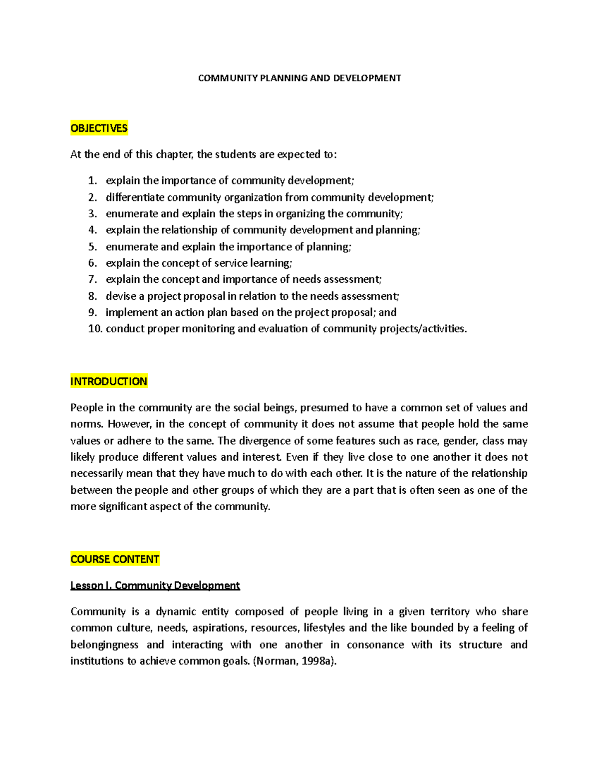 Community Planning 4 - COMMUNITY PLANNING AND DEVELOPMENT OBJECTIVES At ...