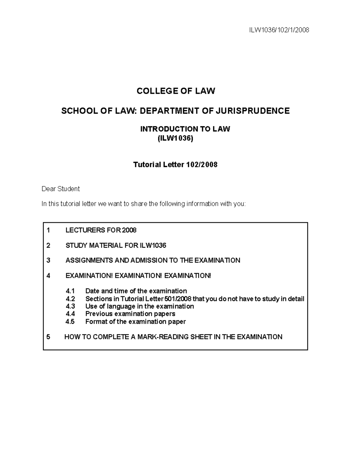 ILW1501-2008 first semester answerse - ILW1036/102/1/ COLLEGE OF LAW ...