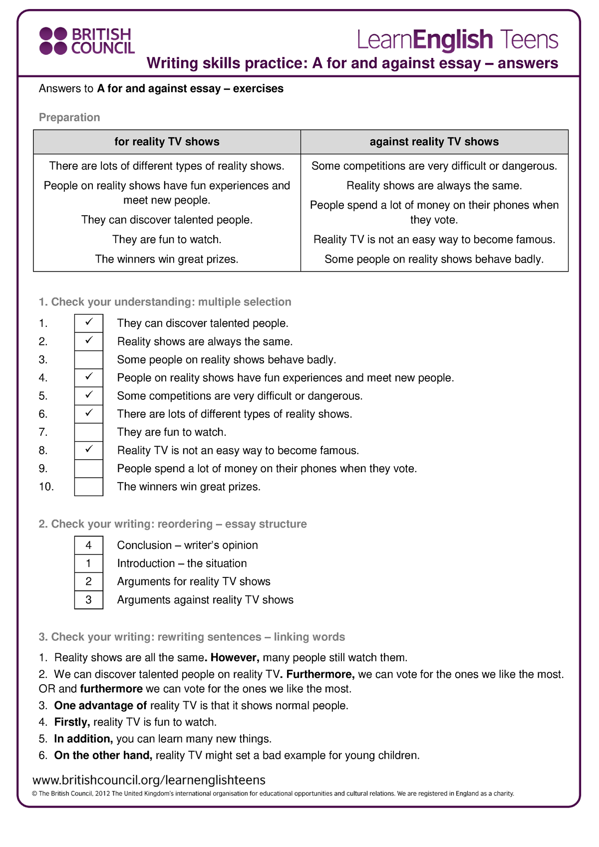 writing skills practice a for and against essay exercises