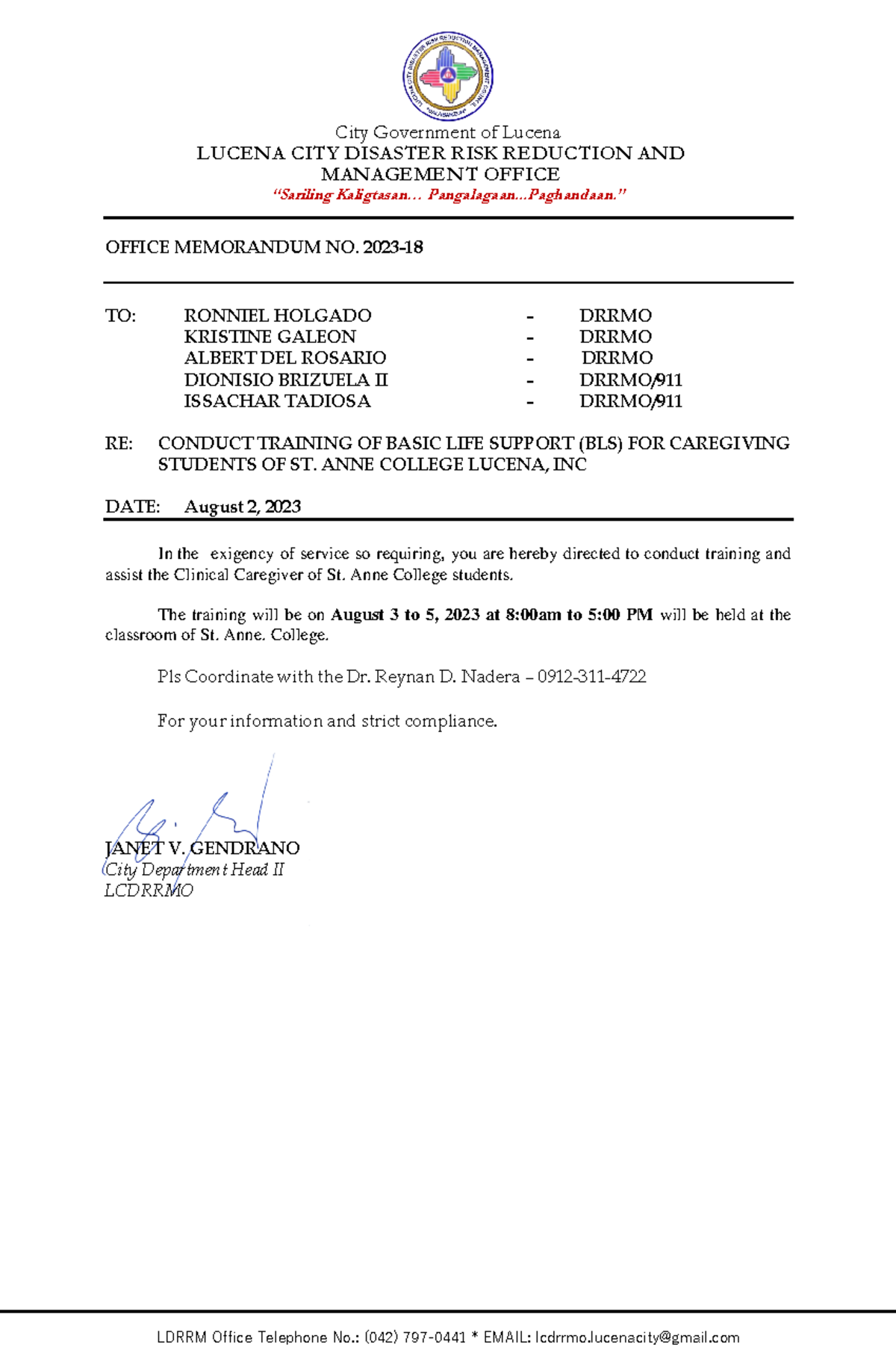 Office MEMO 2023 18 St anne BLS - City Government of Lucena LUCENA CITY ...