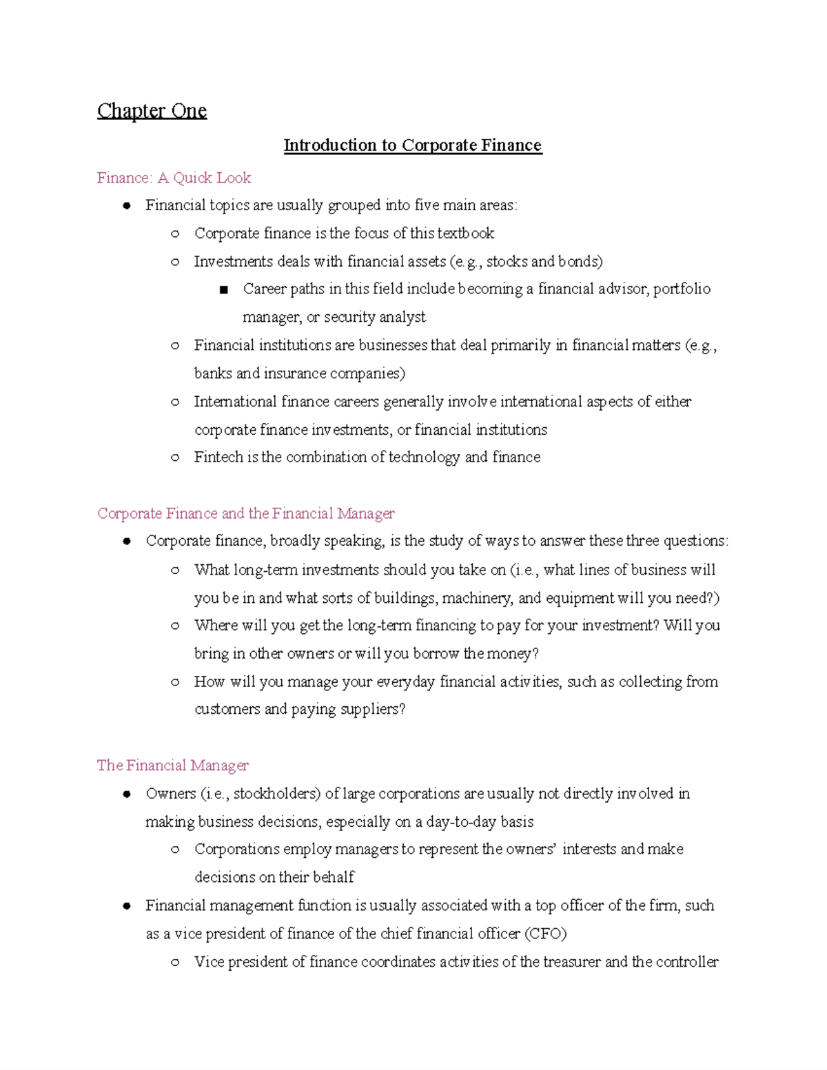 Exam 1 - Exam 1 - Chapter One Introduction to Corporate Finance Finance ...