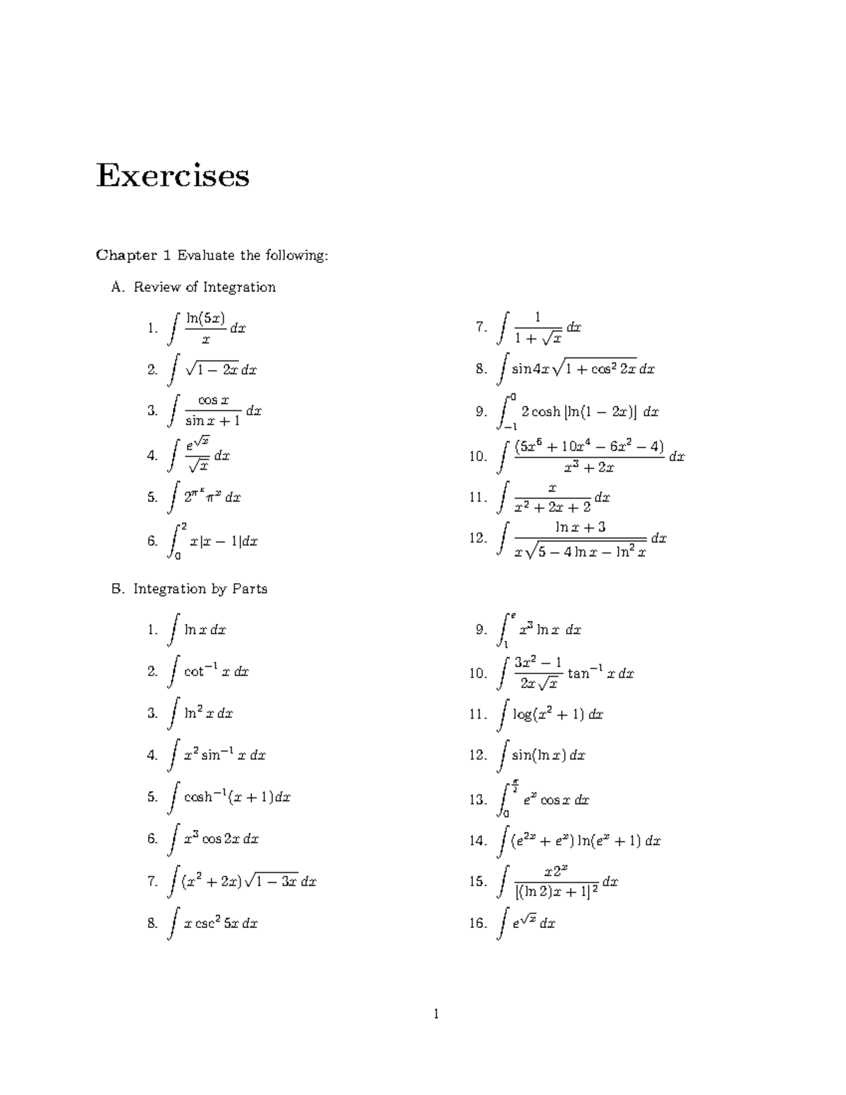 Integration Techniques - Exercises Chapter 1Evaluate the following: A ...