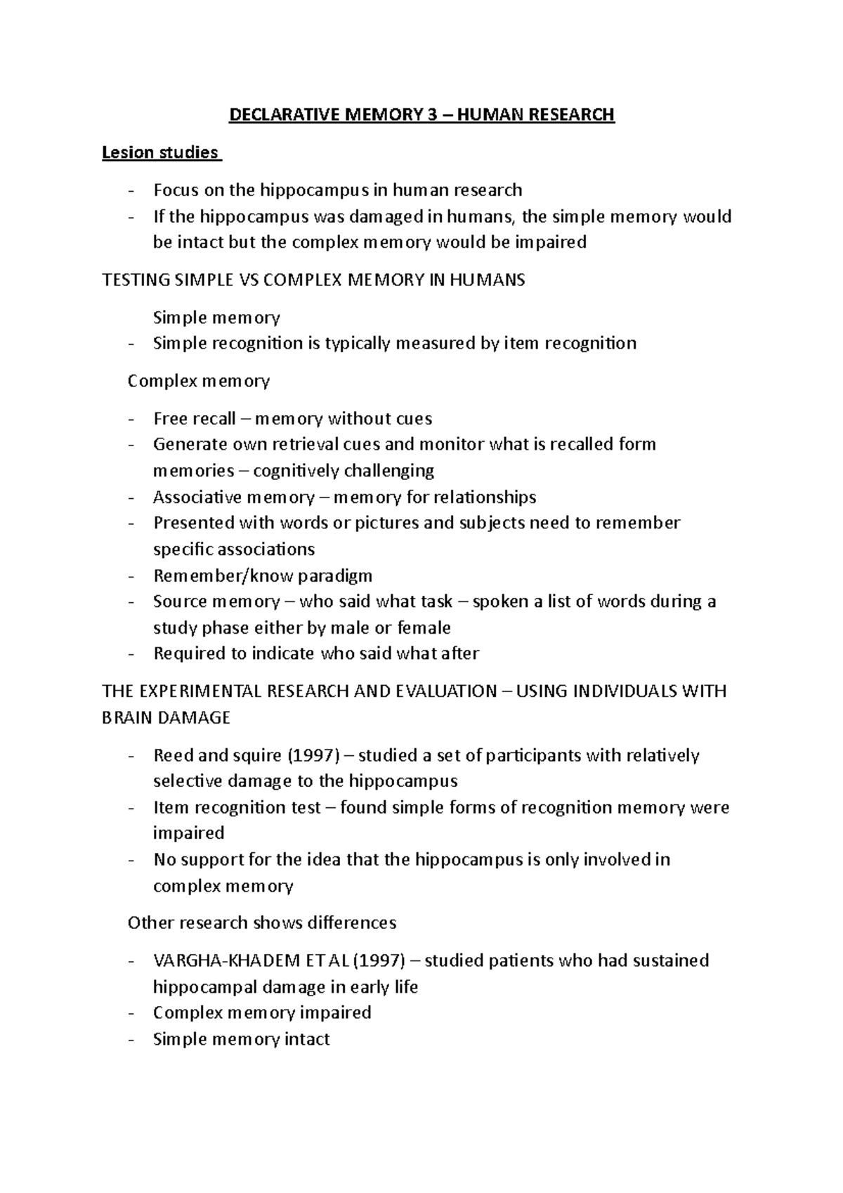 Declarative Memory 3 - Lecture notes 1 - DECLARATIVE MEMORY 3 – HUMAN ...