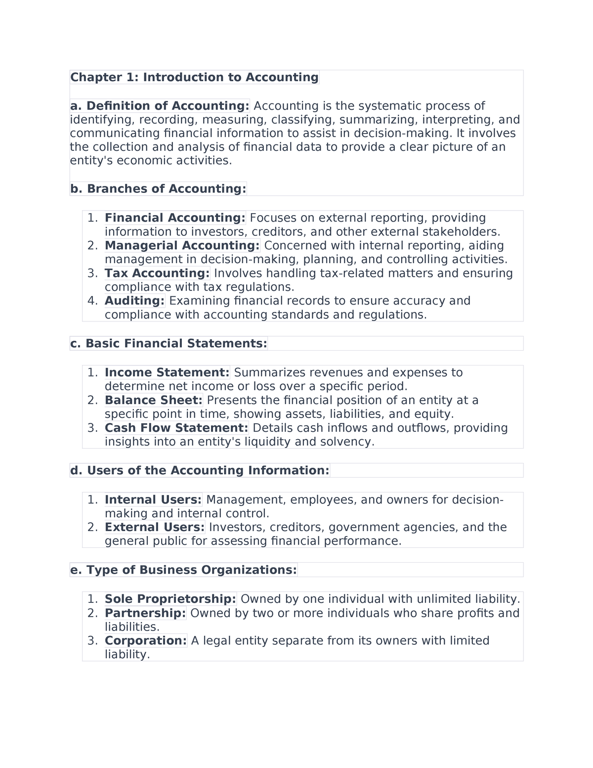 Chapter 1 - accounting notes - Chapter 1: Introduction to Accounting a ...