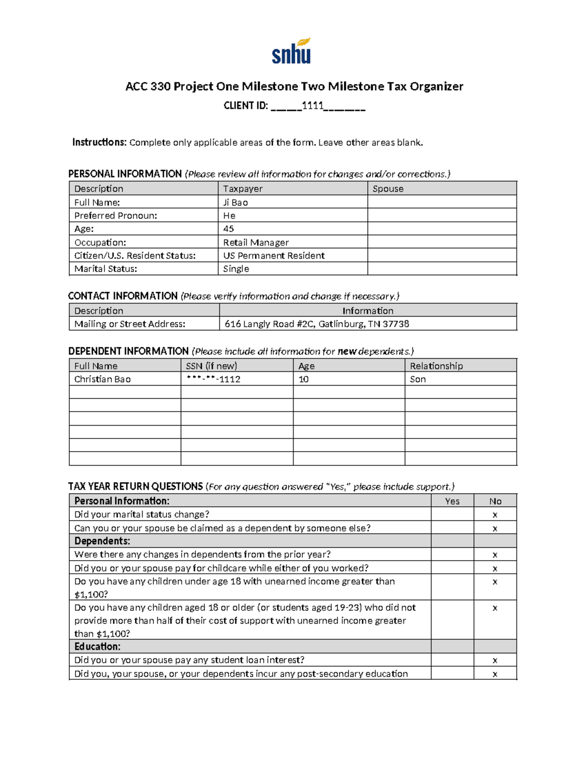 ACC 330 Project One Milestone Two Tax Organizer Template - ACC 330 ...