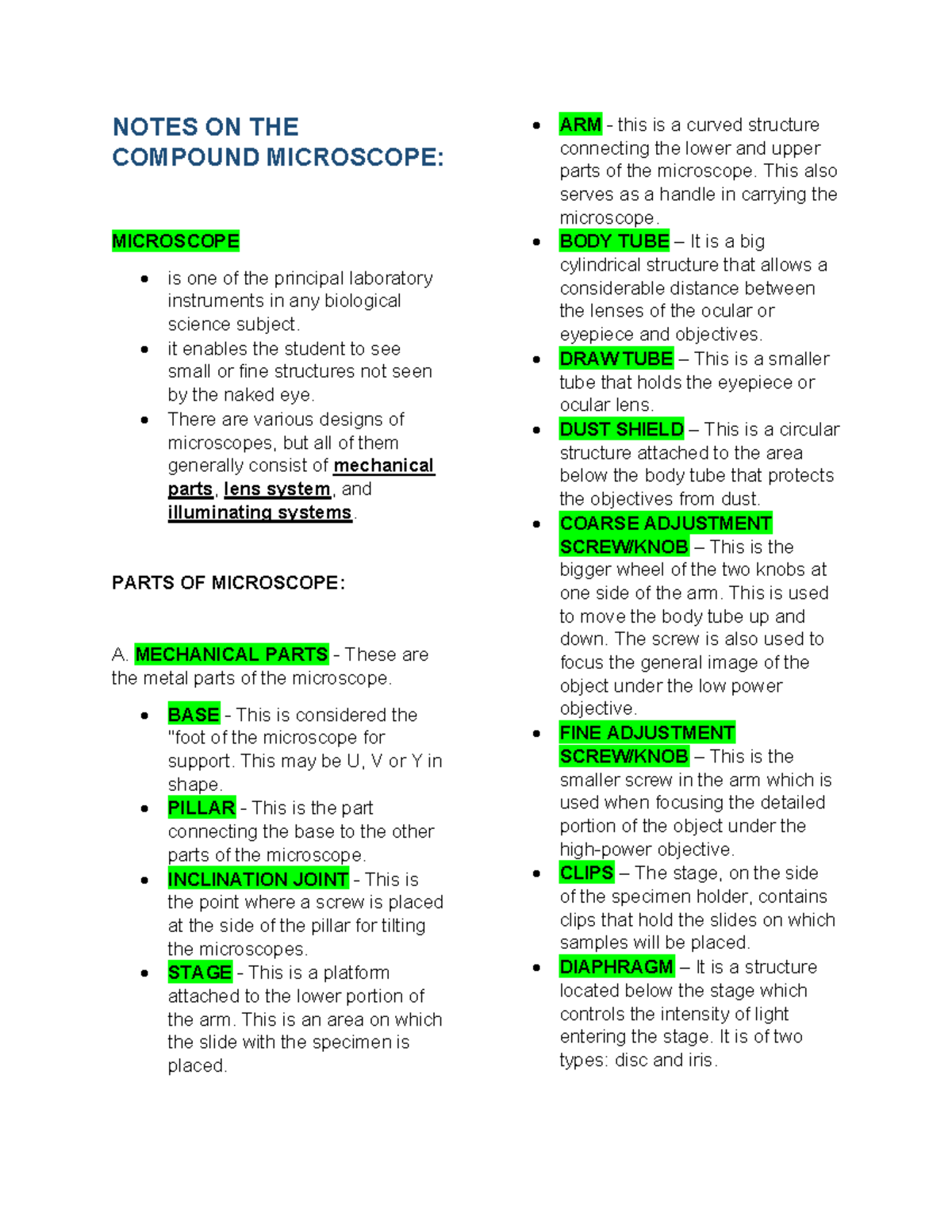 Notes On The Compound Microscope NOTES ON THE COMPOUND MICROSCOPE