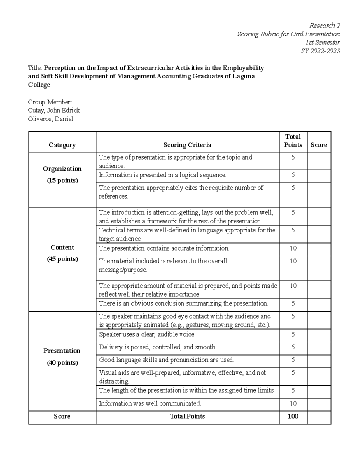 Rubrics for-presentation copy - Research 2 Scoring Rubric for Oral ...