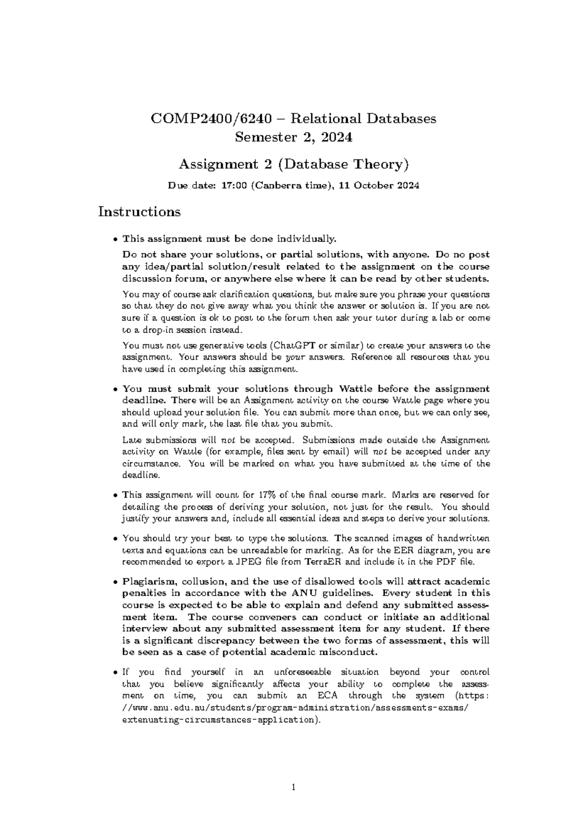 Assignment 2-specification 2024 - COMP2400/6240 – Relational Databases ...