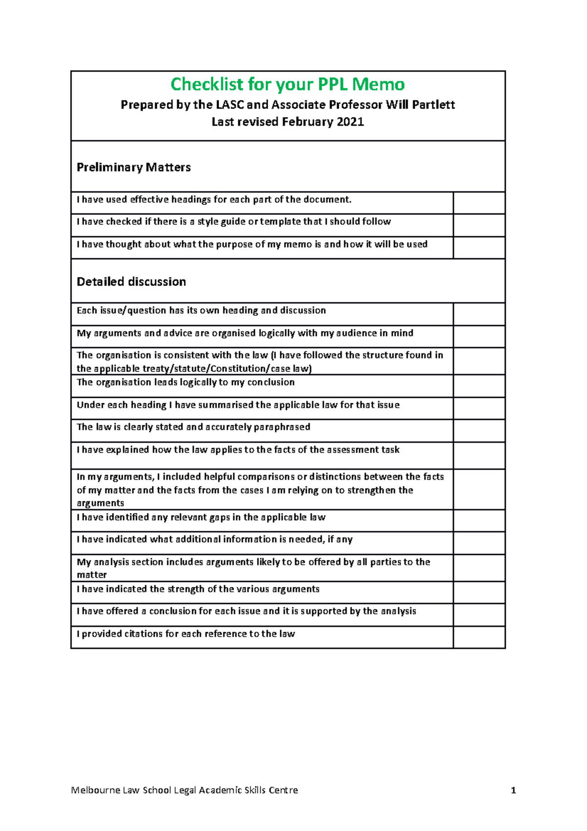 2021 Checklist for the PPL memo - Checklist for your PPL Memo Prepared ...