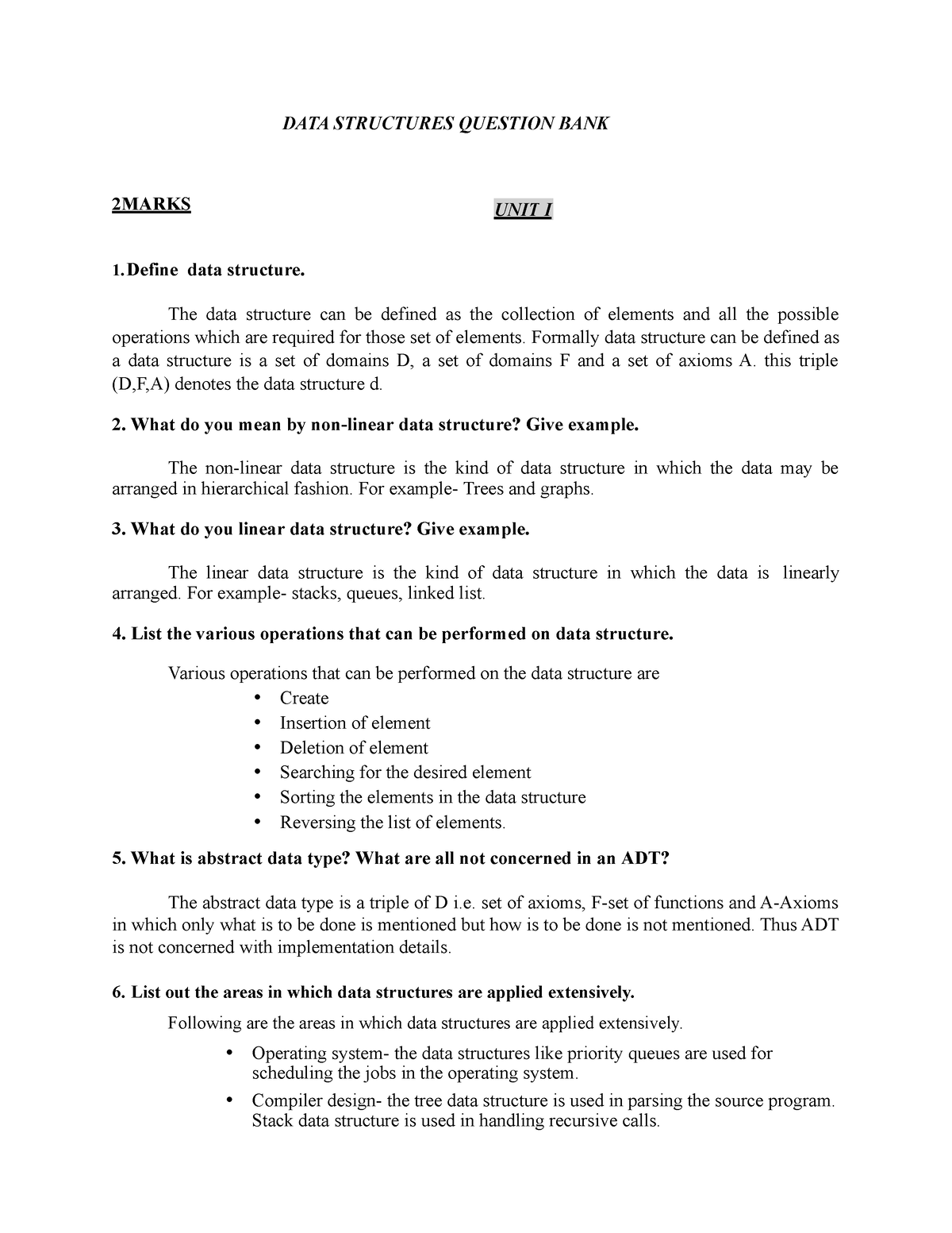 DATA- Structures QB1 - Question Bank - 2MARKS DATA STRUCTURES QUESTION ...