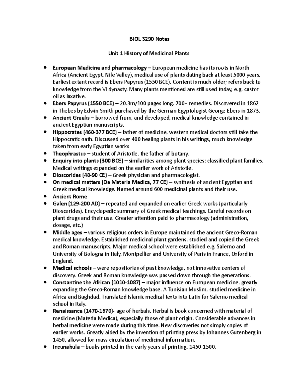 Chapter 1 History of medicinal plants BIOL 3290 Notes Unit 1 History of Medicinal Plants