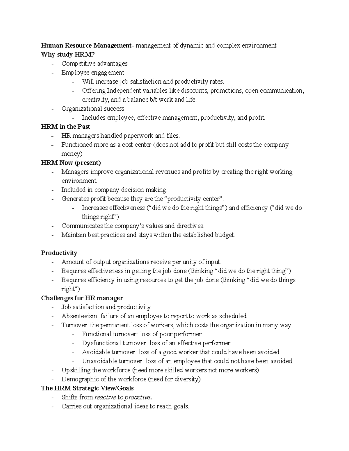 Human Resource Management Lecture Notes Chapter 1 - Human Resource ...