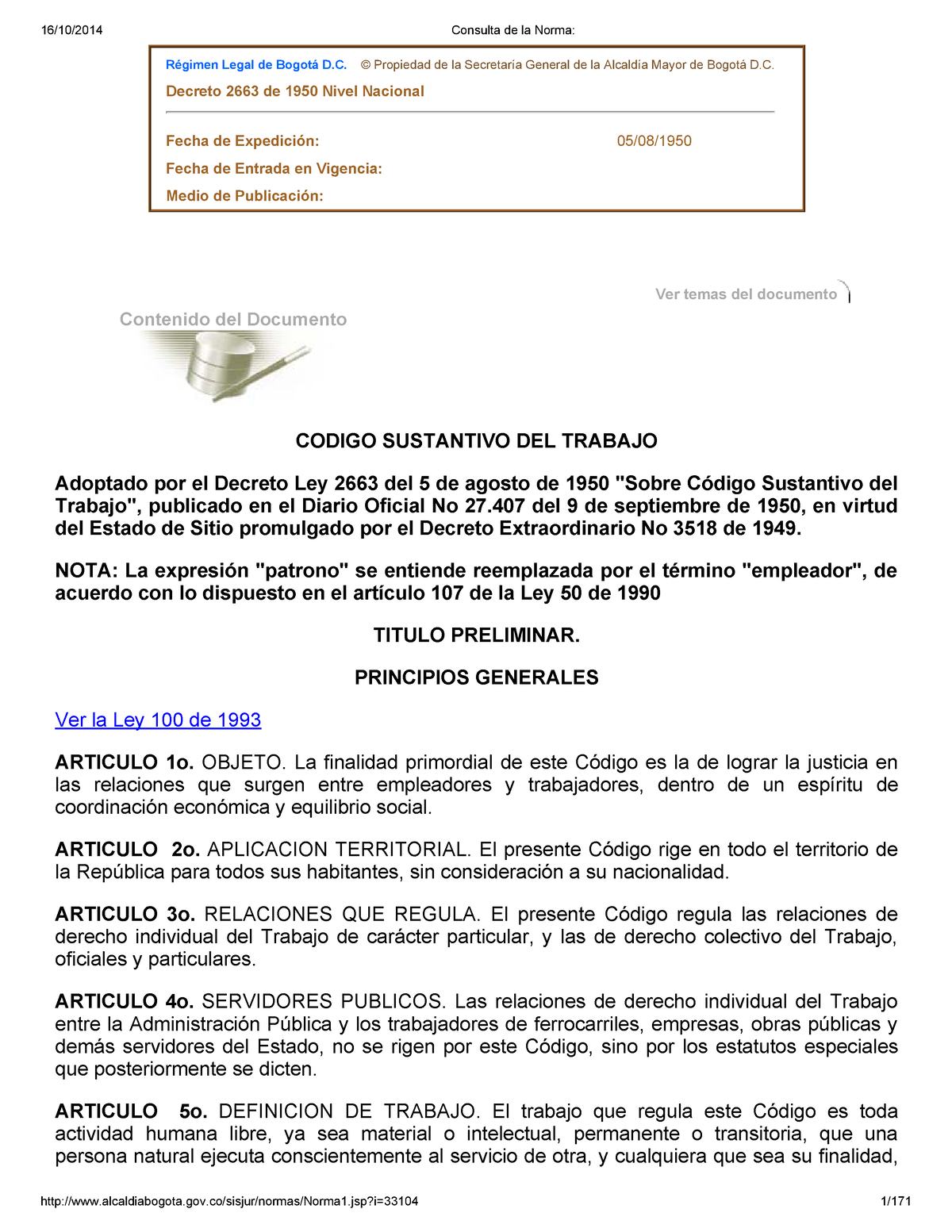 Codigo Sustantivo Del Trabajo Decreto Ley 2663 De 1950 - Régimen Legal 