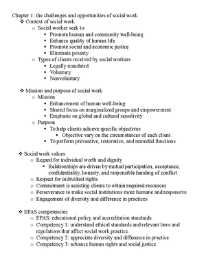 Intro To SOWK Ch. 1 - Ch. 5 Notes - 09/02/ Chapter 1: The Social Work ...