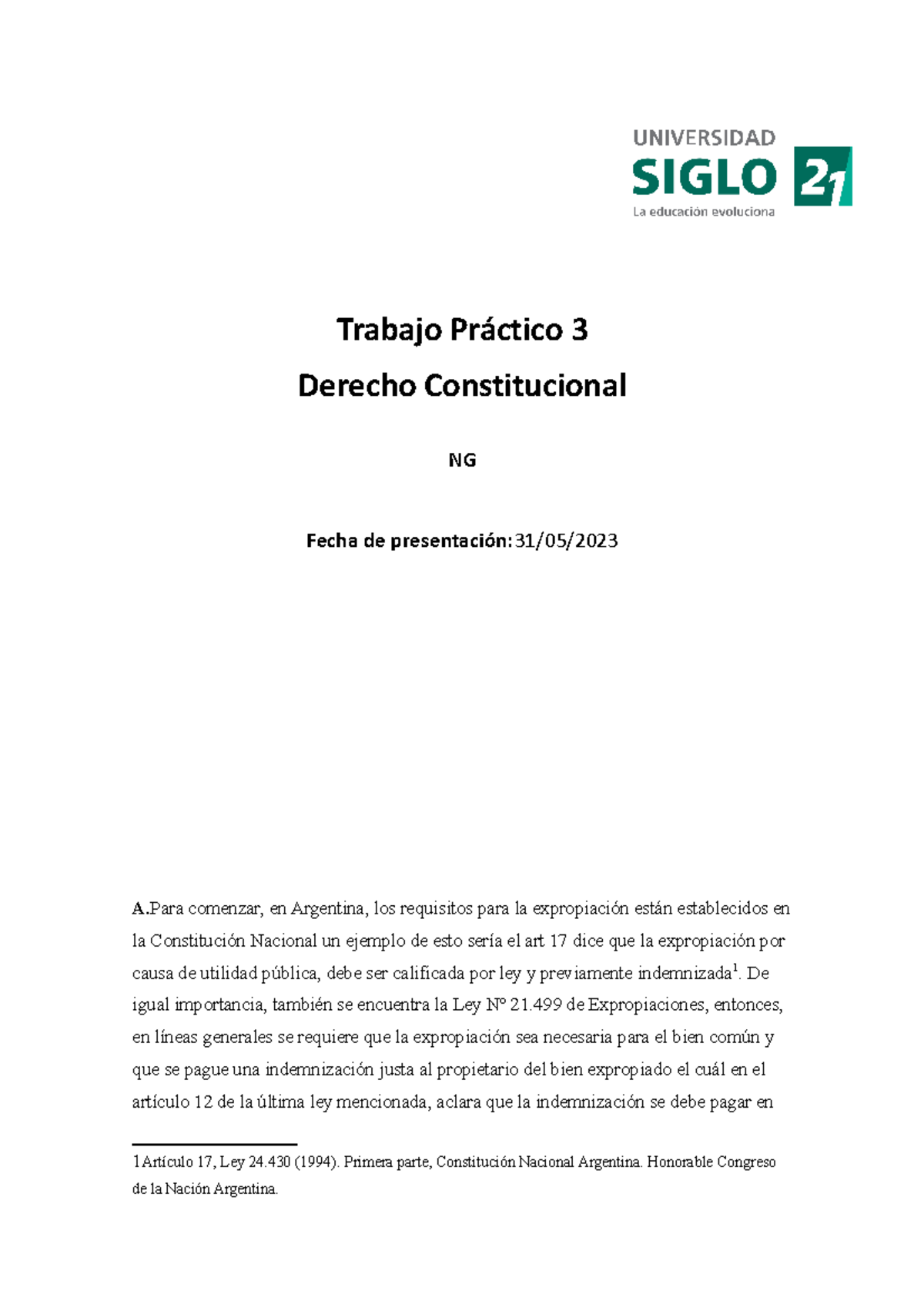 NG🍀 TP3 -Derecho Constitucional - Trabajo Práctico 3 Derecho ...