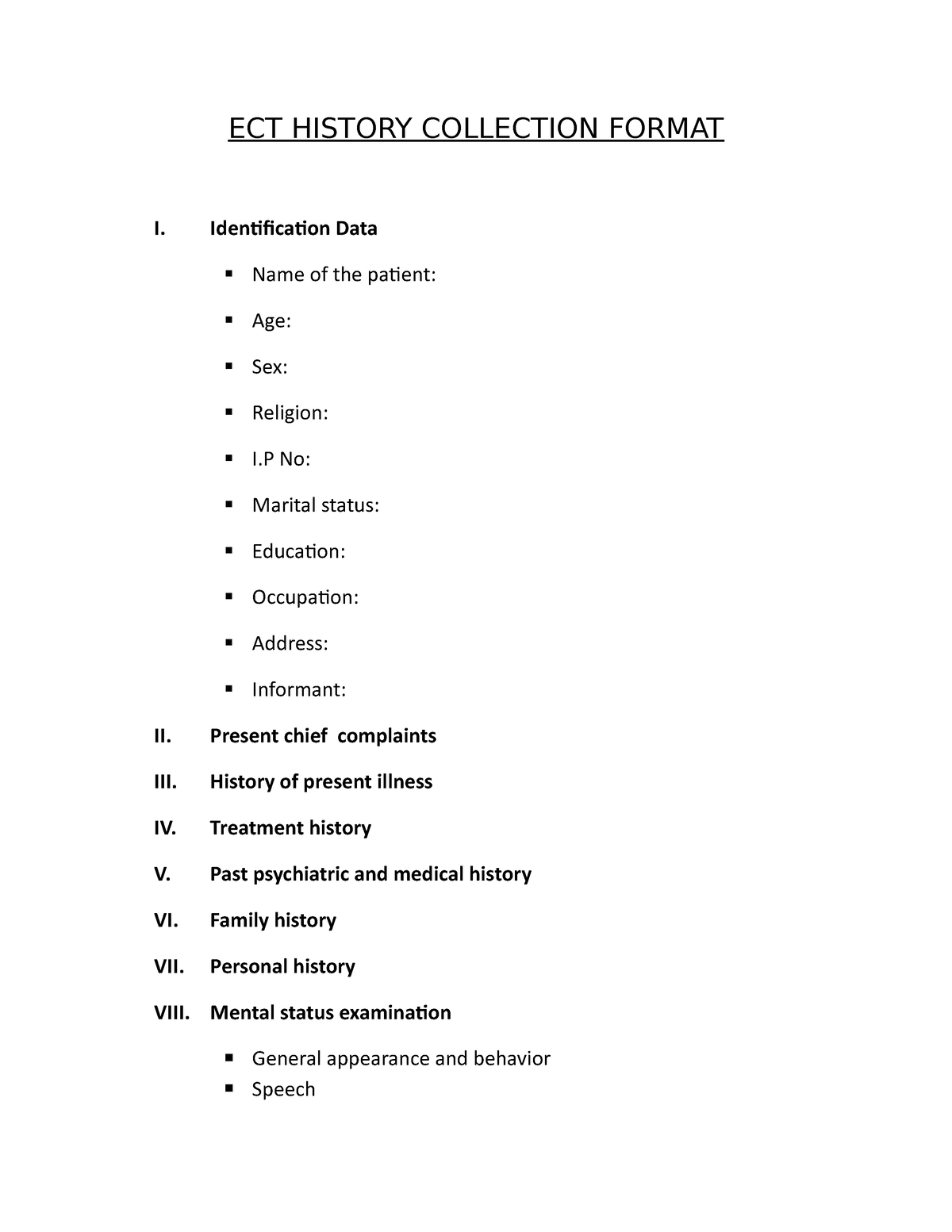 Ect History Collection Format Used In Ect Therapy Of Psychiatric Patient Ect History 5355