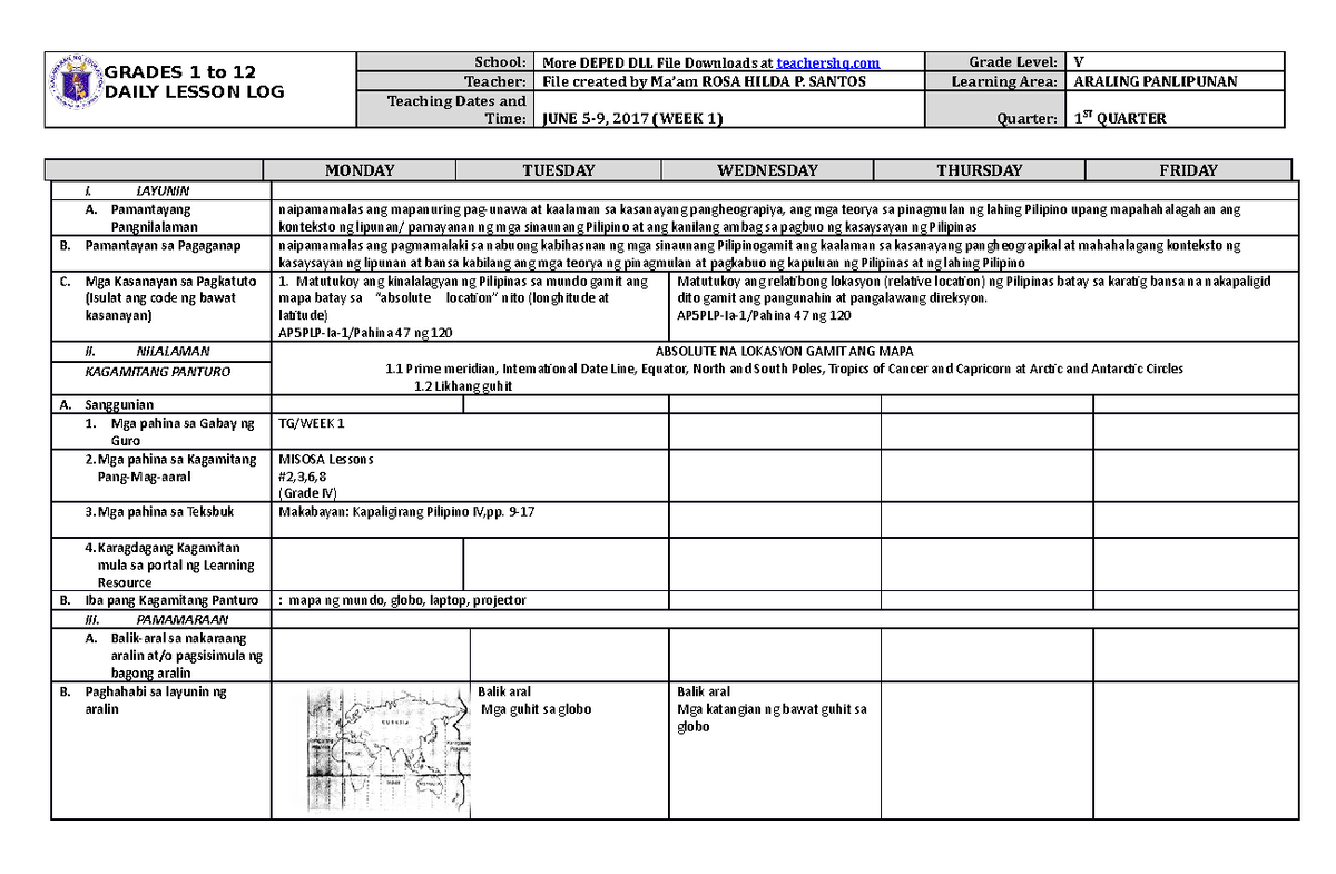 Grade 5 Dll Araling Panlipunan 5 Q1 Week 1 Grades 1 To 12 Daily Lesson Log School More Deped 8227