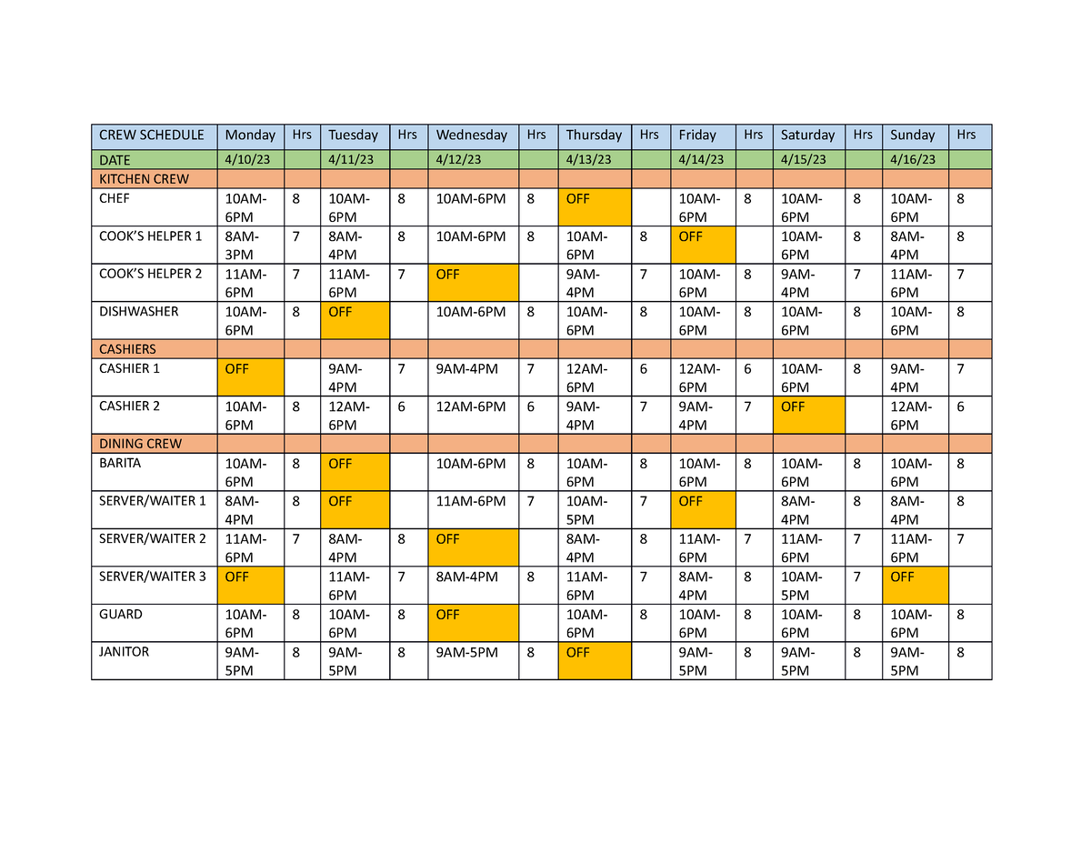 Implementation- Schedule - CREW SCHEDULE Monday Hrs Tuesday Hrs ...