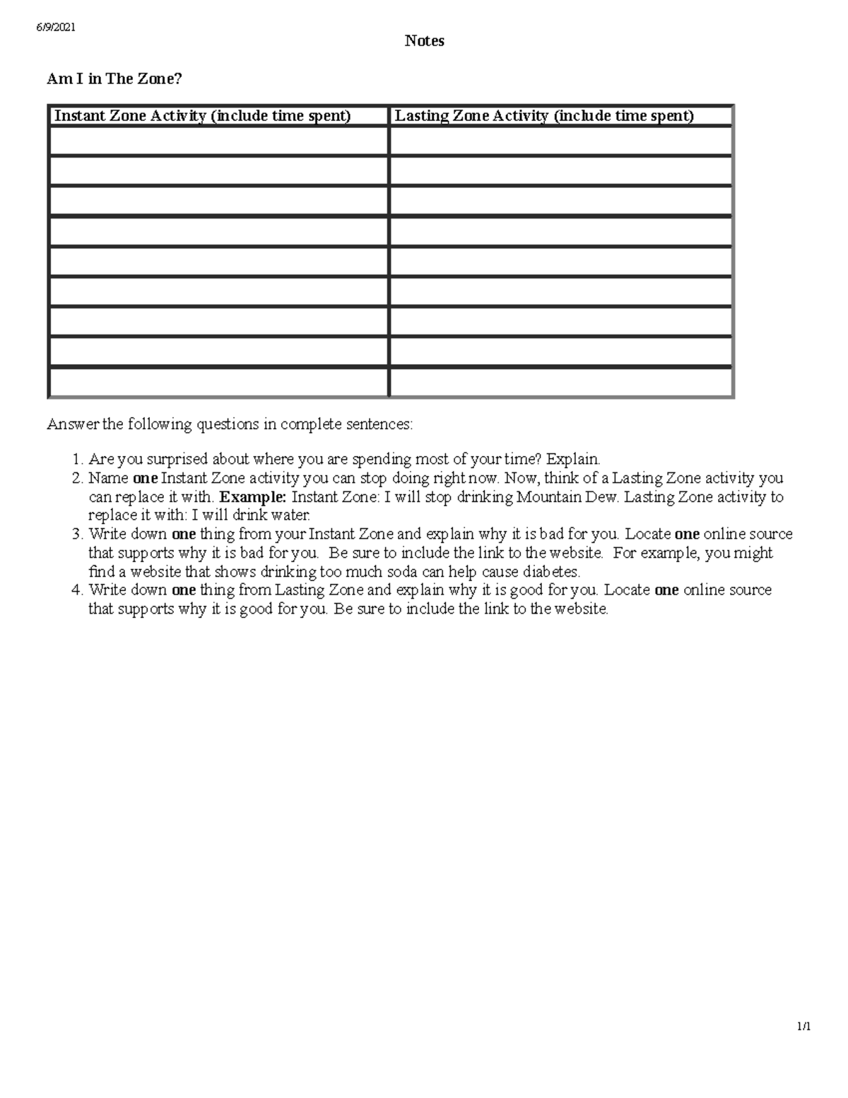 Chart class 6/9/ Notes Am I in The Zone? Instant Zone Activity