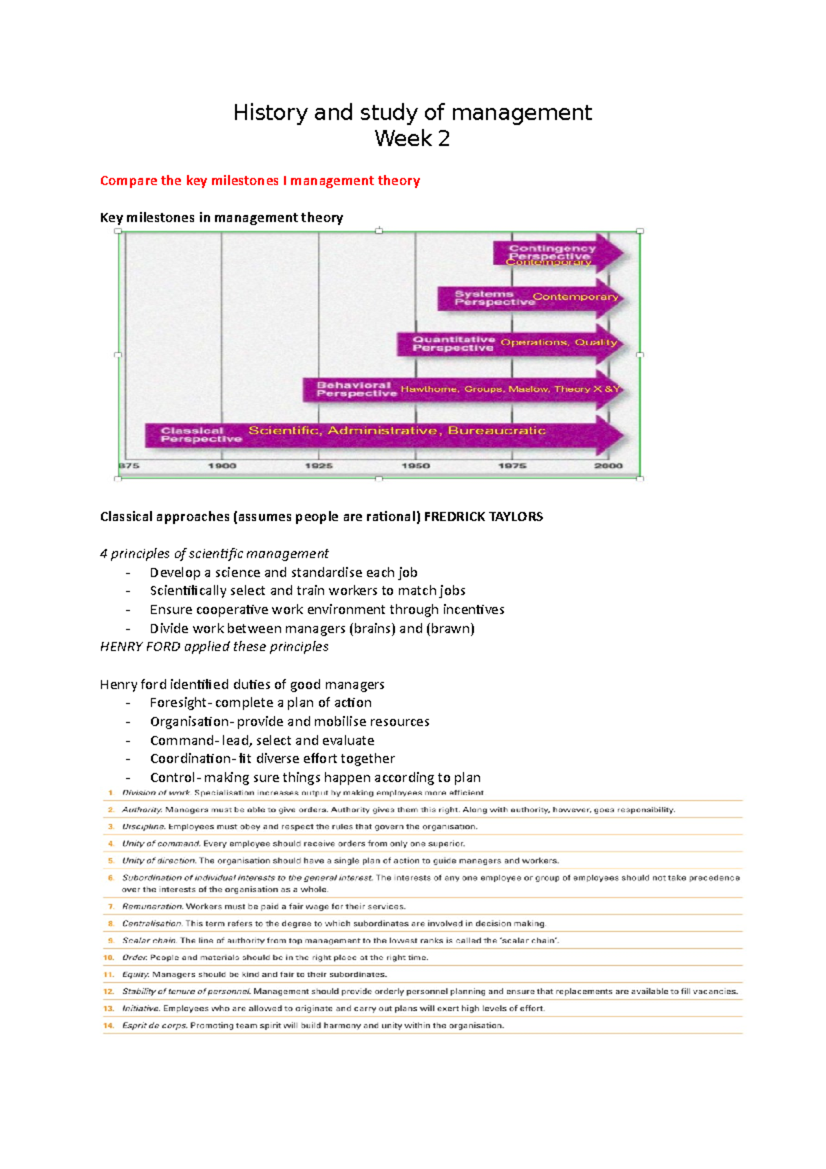 management week 2 notes - History and study of management Week 2 ...