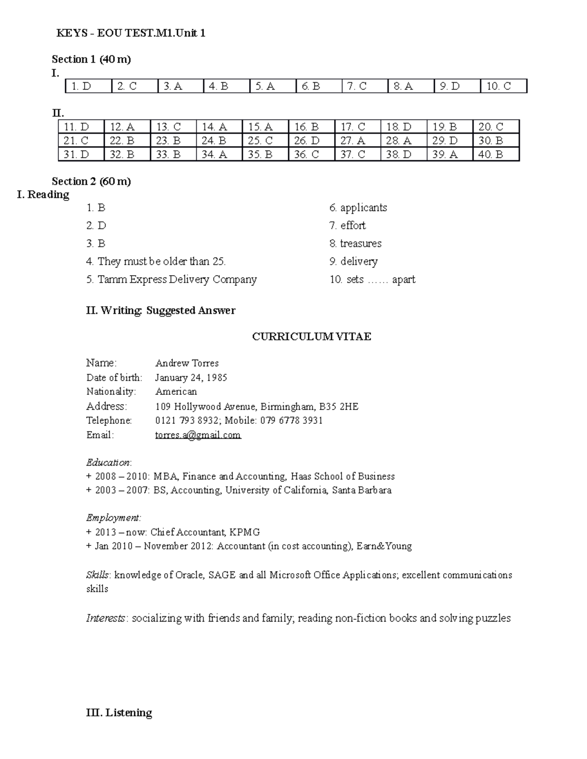 key end of unit 1 - KEYS - EOU TEST.M1 1 Section 1 (40 m) I. D 2. C 3 ...