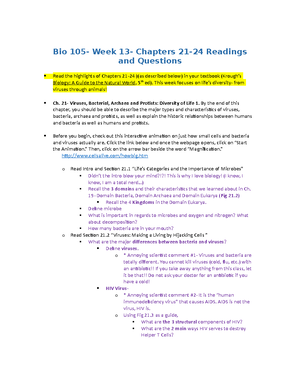 Bio 105- Week 10 Handout - Bio 105- Week 10- Chapters 30-31 Readings ...