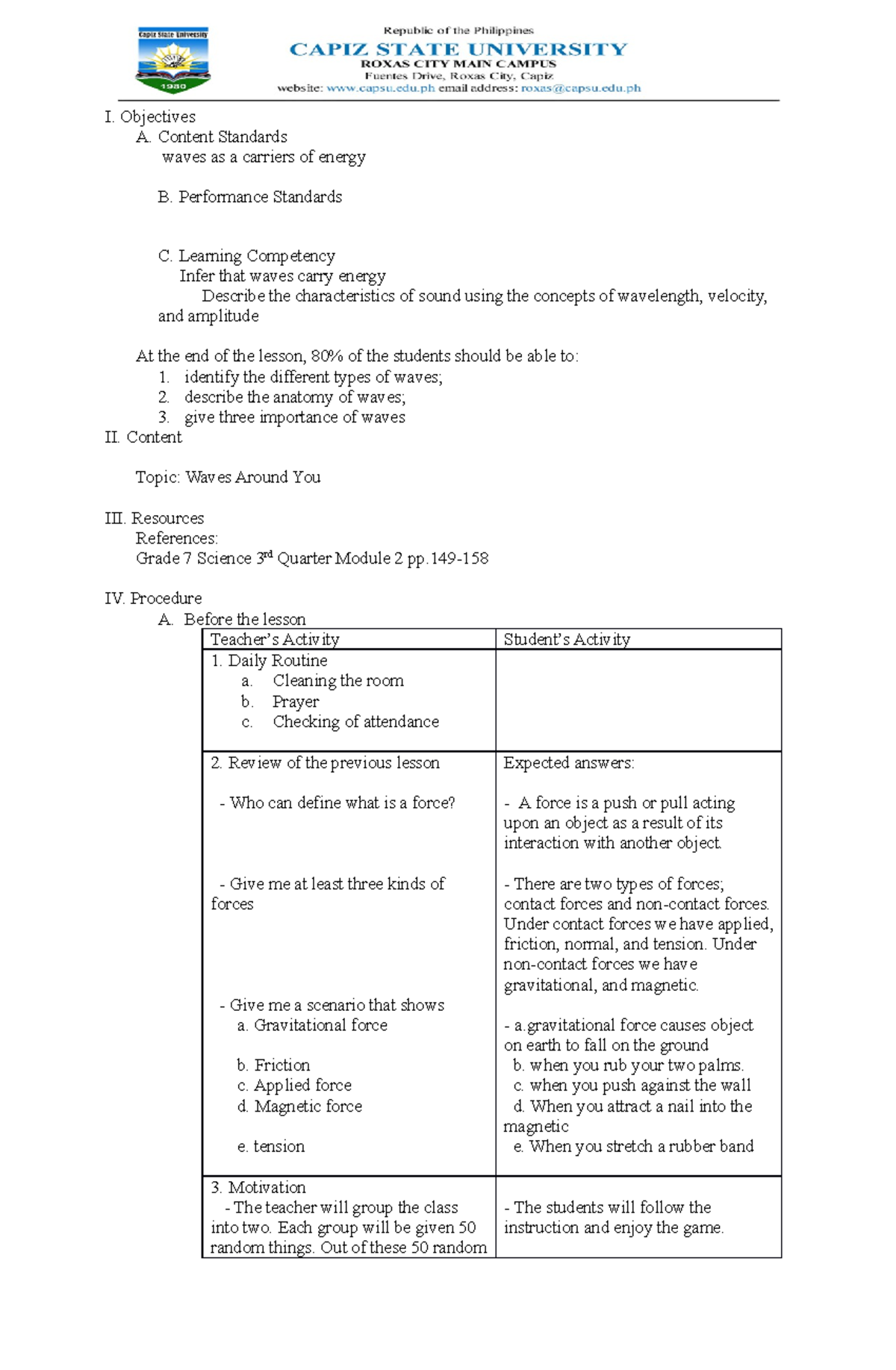 Lesson Plan (Physics) - BSEd Science - CapSU - Studocu