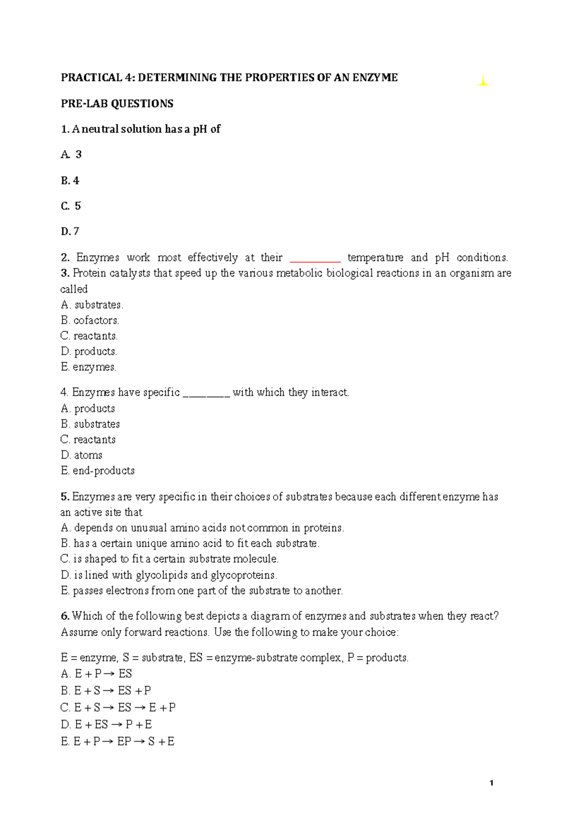 Practical 4 Determining the properties of an Enzyme - - Studocu