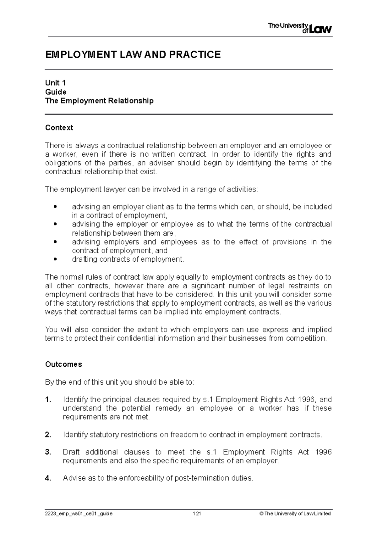 2223 emp ws01 ce01 guide - EMPLOYMENT LAW AND PRACTICE Unit 1 Guide The ...