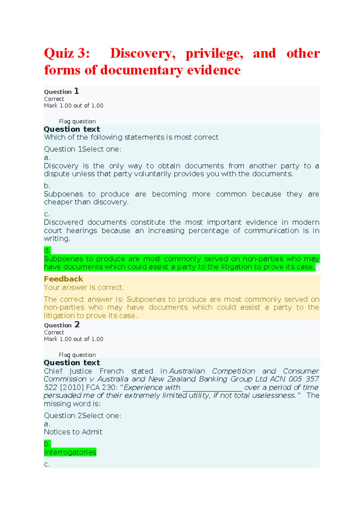 Quiz 3 - Discovery, Privilege, and Other Forms of Documentary Evidence ...