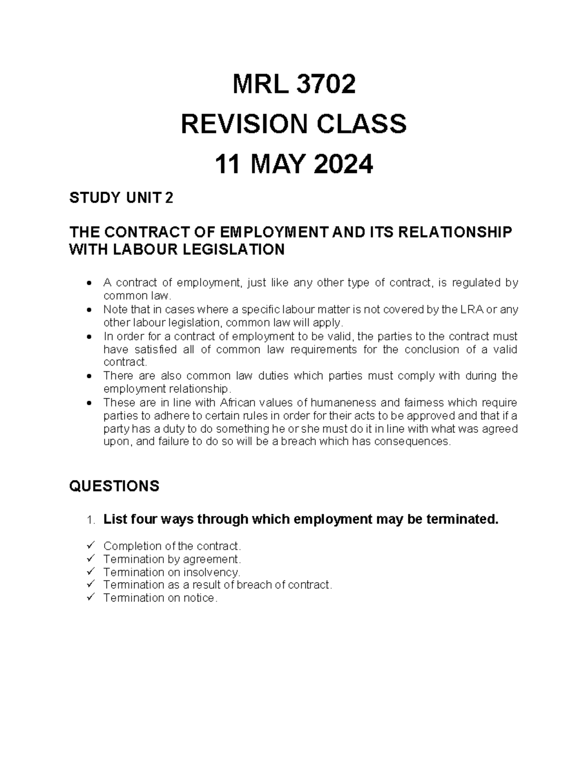 Mrl 3702 Notes Mrl 3702 Revision Class 11 May 2024 Study Unit 2 The