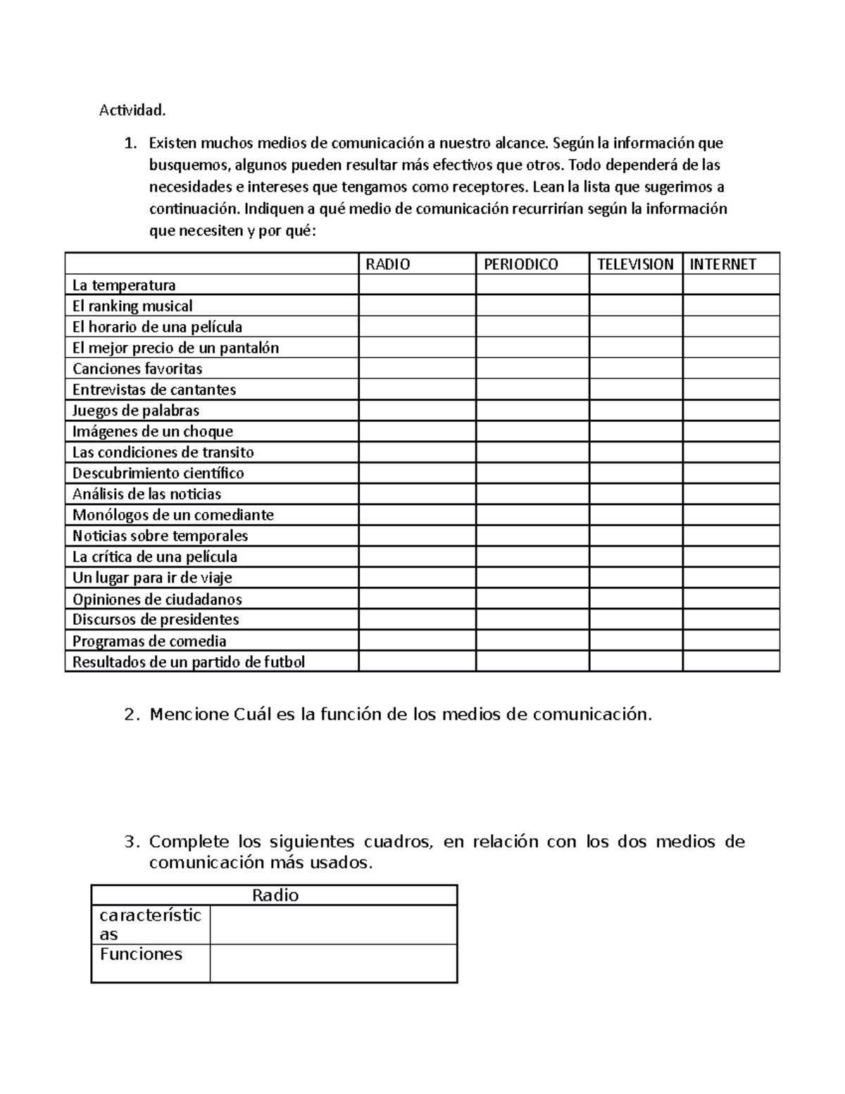 Actividad medios de comunicacion - Actividad. Existen muchos medios de ...