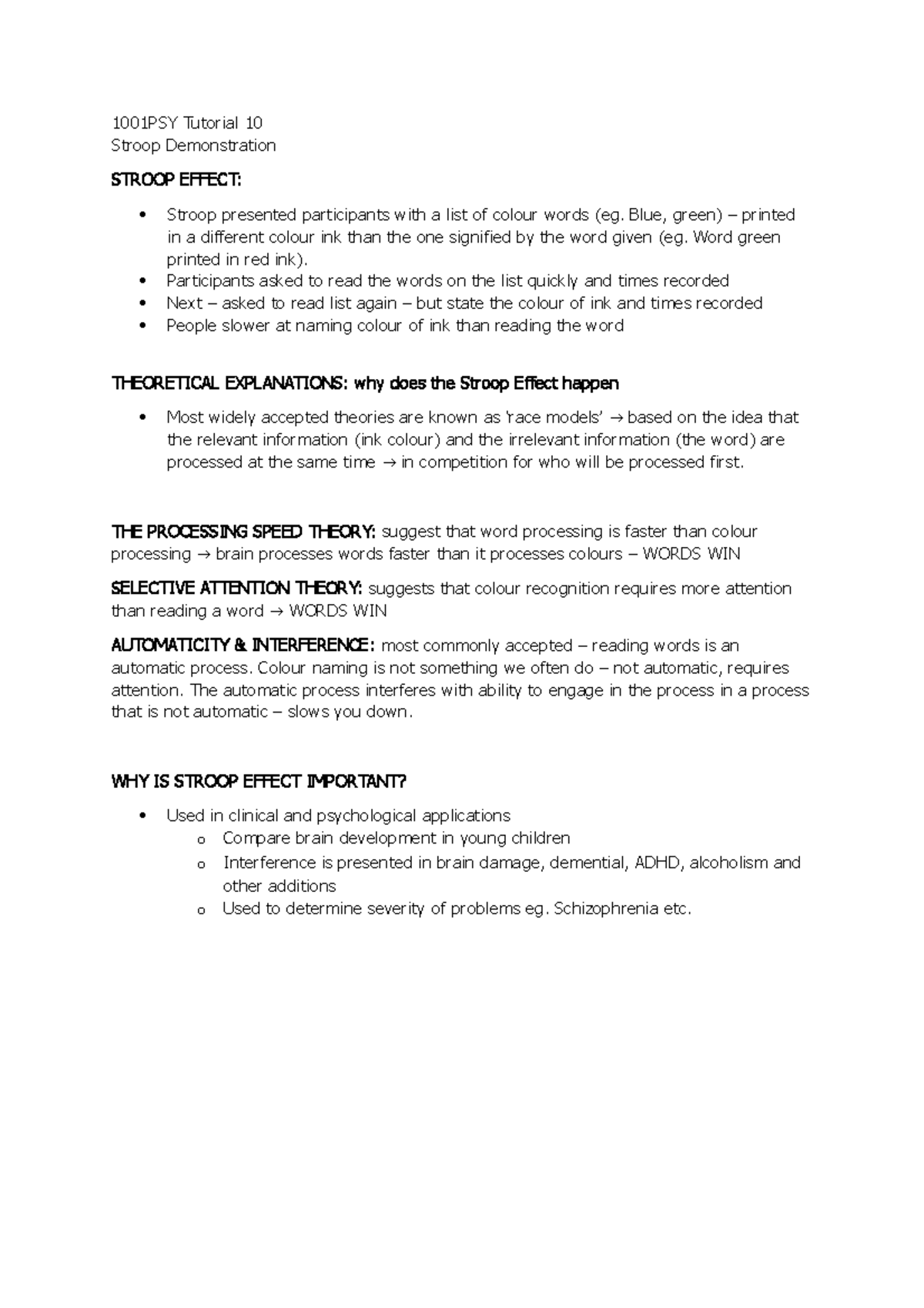 1001PSY Tutorial 10 Notes 1001PSY Tutorial 10 Stroop Demonstration