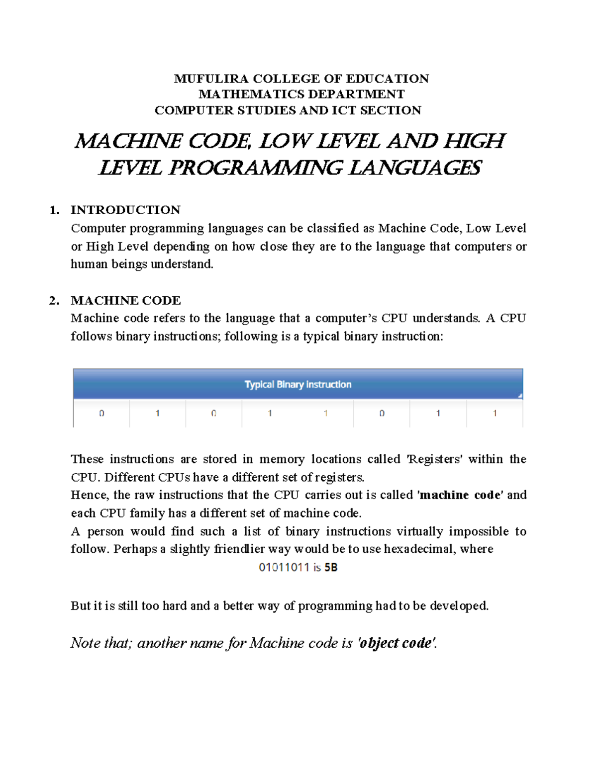 Levels OF Programming Languages - MUFULIRA COLLEGE OF EDUCATION ...