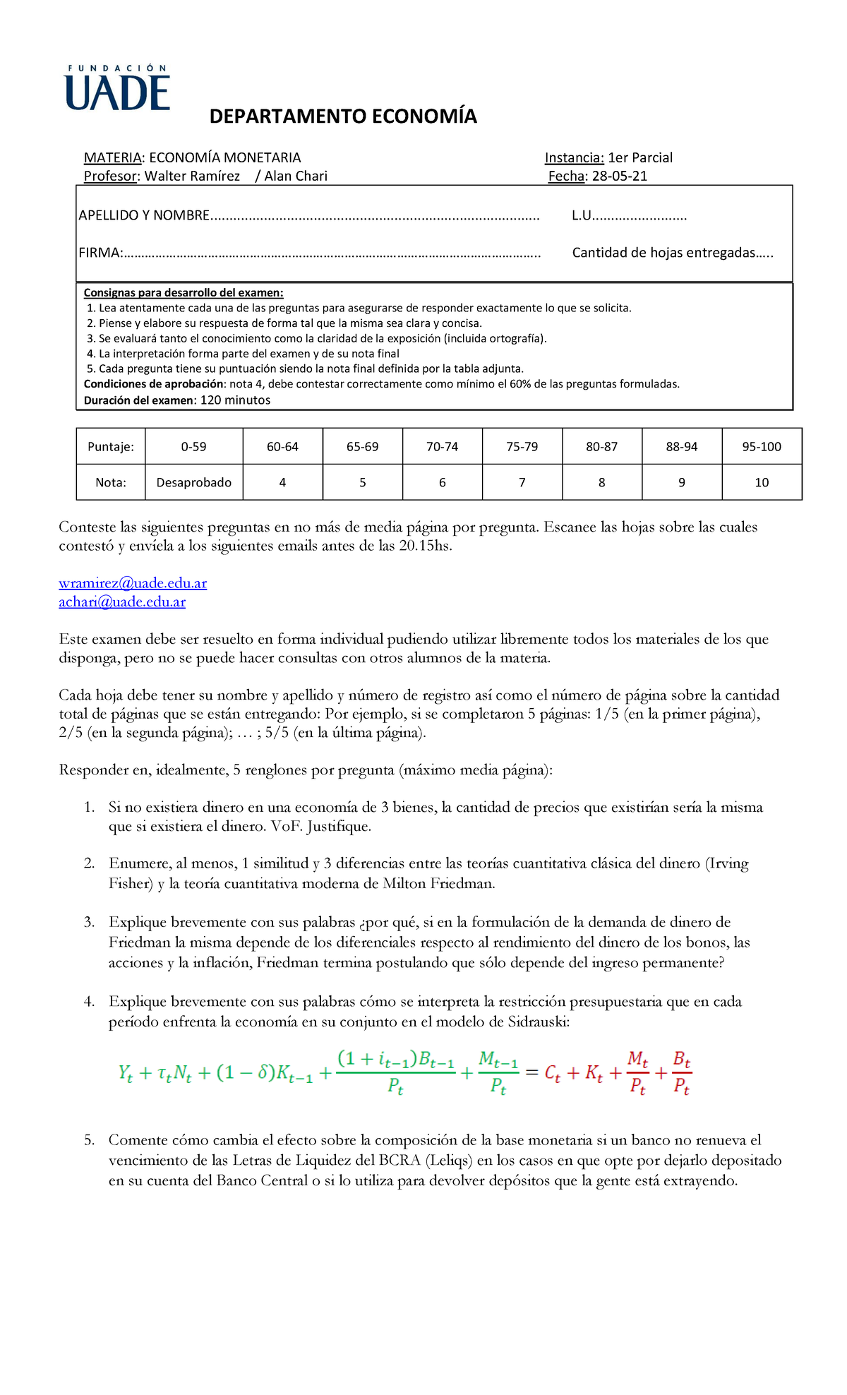 1er Parcial -Ec. Monetaria 28-05-21 - DEPARTAMENTO ECONOMÍA MATERIA:  ECONOMÍA MONETARIA Instancia: - Studocu