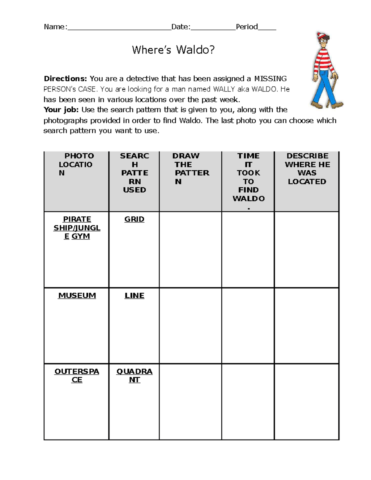 Wheres Waldo Search Patterns Name Date Period Where’s Waldo