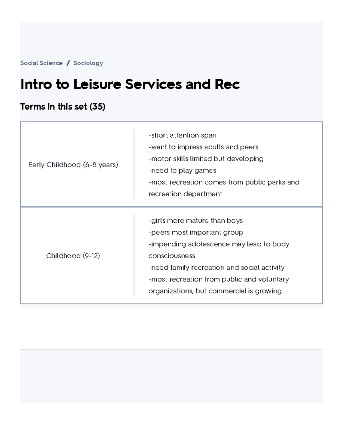 Intro to Leisure Services and Rec Flashcards Quizlet Intro to Leisure
