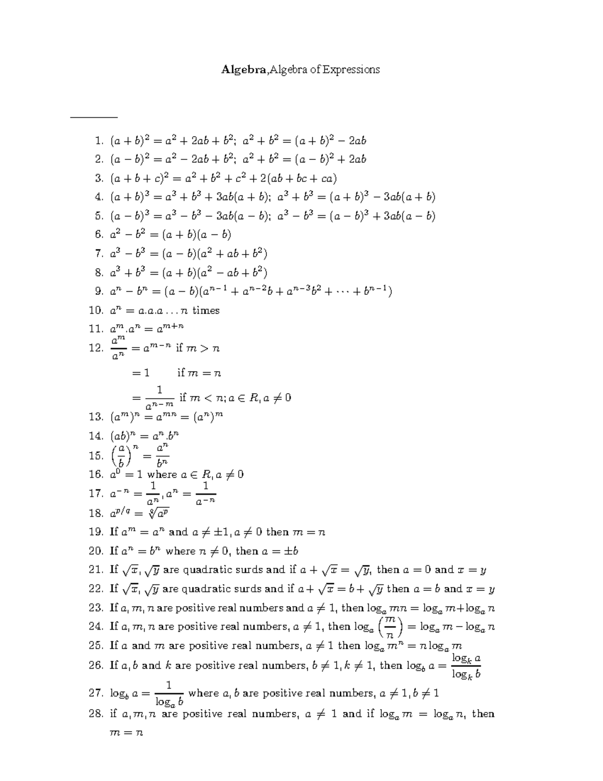 Algebra Formula For Compititive Exams - (a+b) 2 =a 2 +2ab+b 2 ; A 2 +b ...